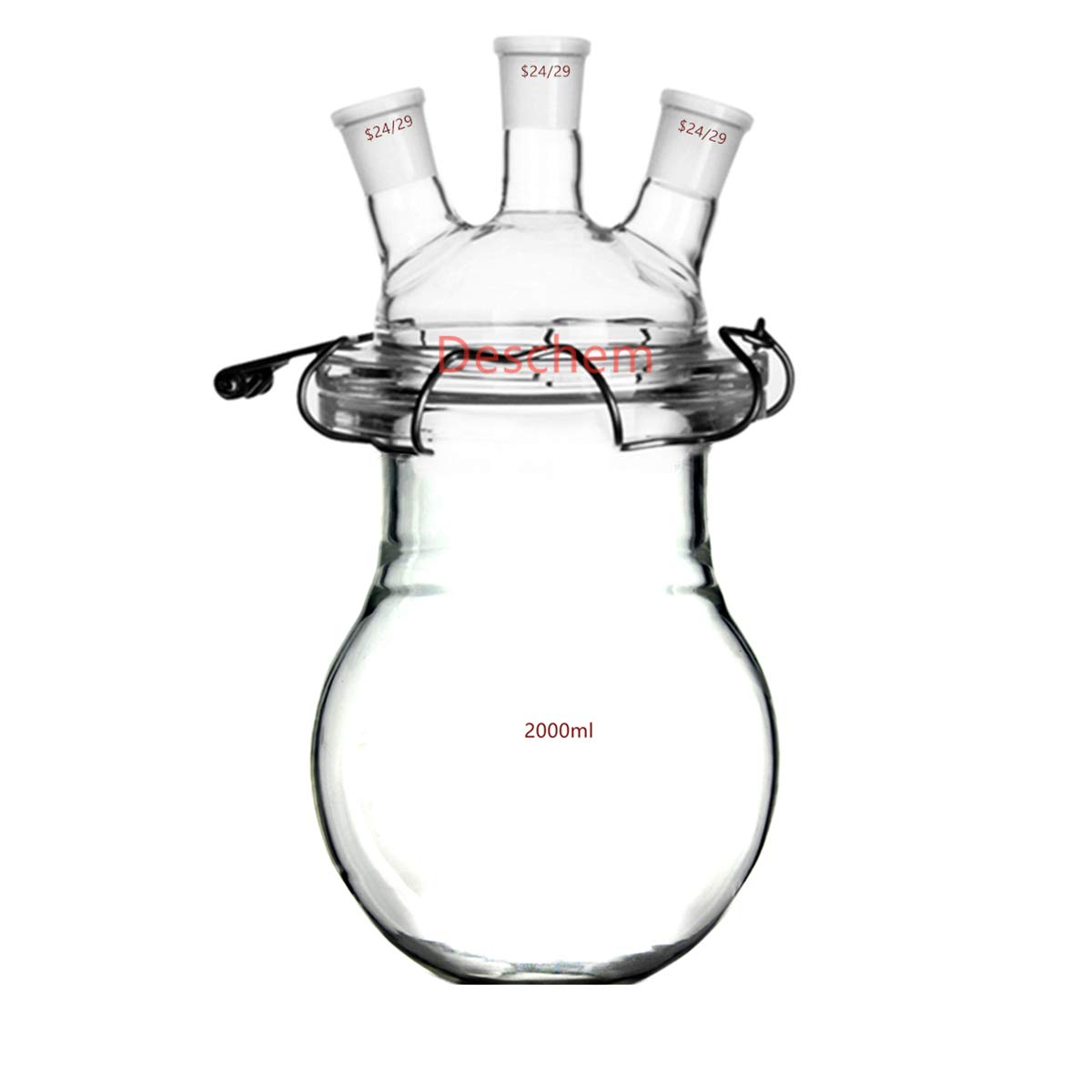 24/29 Flat Bottom Glass Reactor with 3 Necks - Laboratory Reaction Vessel with Glass Lid & Steel Clamp for Chemical Synthesis, Distillation, and Research Experiments