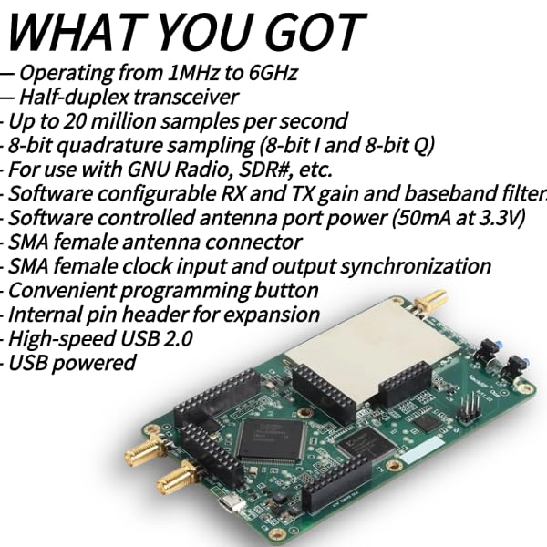 1MHz-6GHz Software Defined Radio (SDR) Transceiver with External TV Tuner - Wideband Receiver for Ham Radio, Signal Analysis & Wireless Research - Perfect for RF Experimentation, Spectrum Monitoring & Software Development