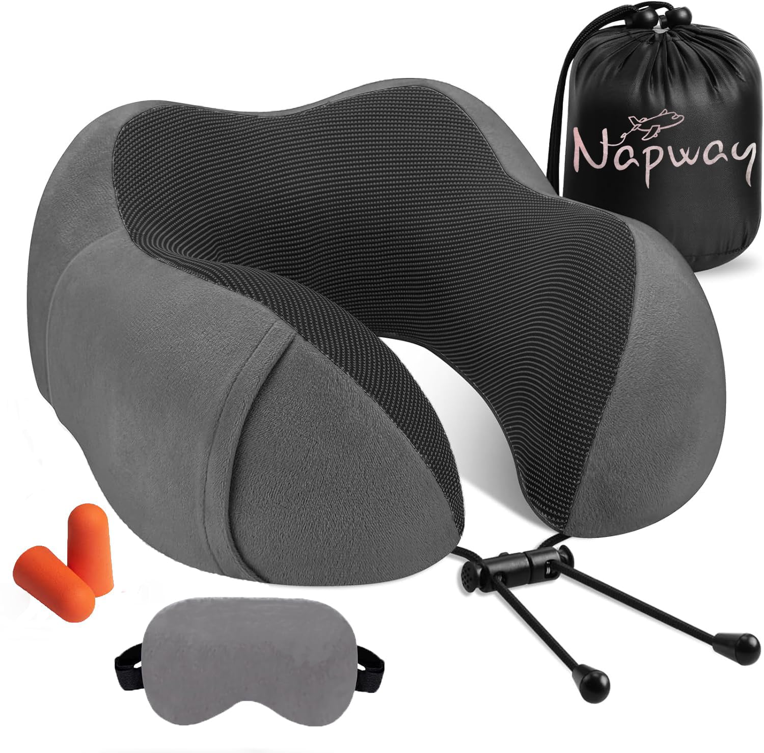 NAPWAY Memory Foam Travel Neck Pillow - 360° Neck Support for Airplane, Car & Train Rides | Washable Cover | Ergonomic Sleeping Pillow for Long Flights & Road Trips | Perfect Travel Accessory for Business & Vacation