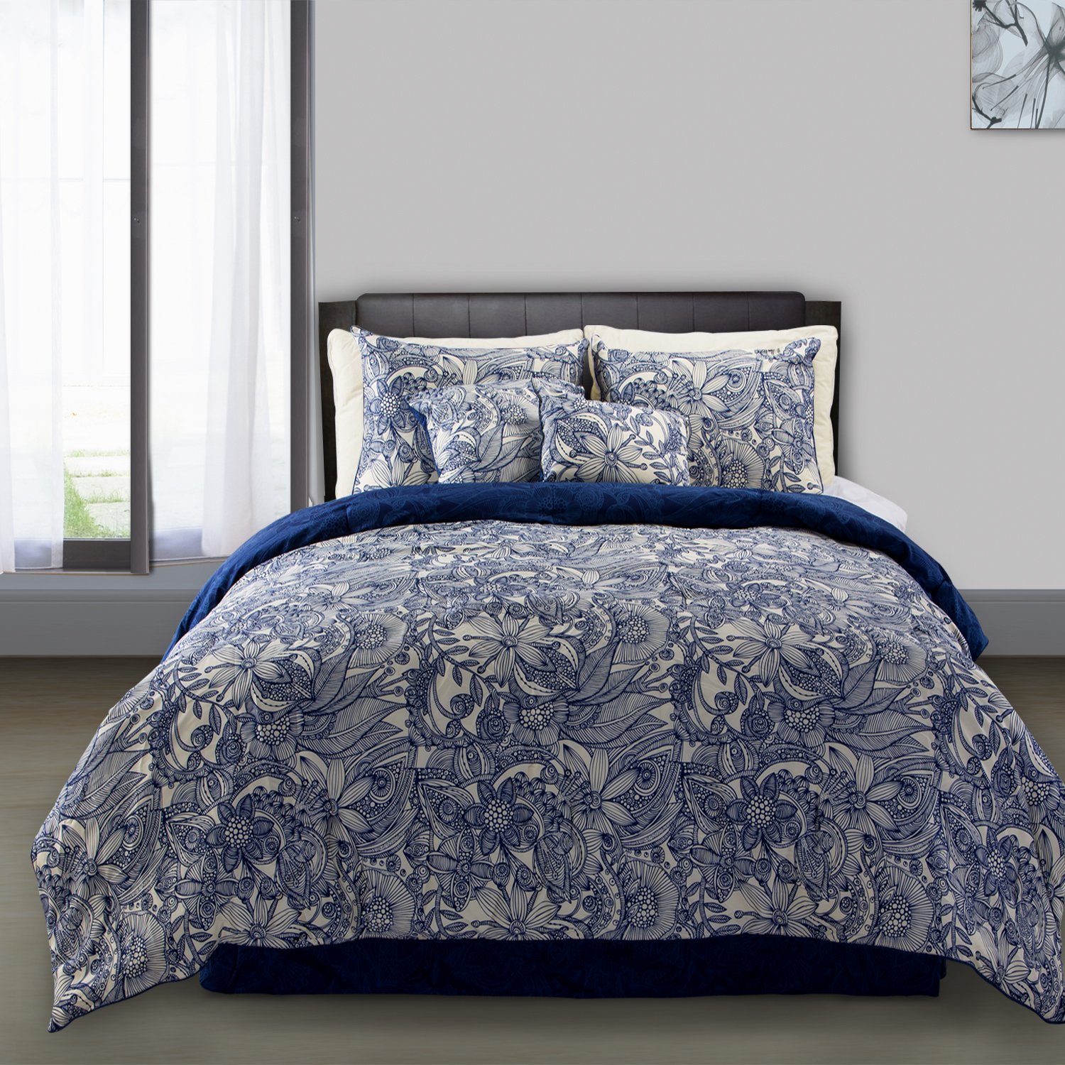 Valentina 4-Piece Floral Microfiber Comforter Set - Twin Size Blue Doodle Print Bedding for Girls Room, Dorm & Guest Bedroom Decor