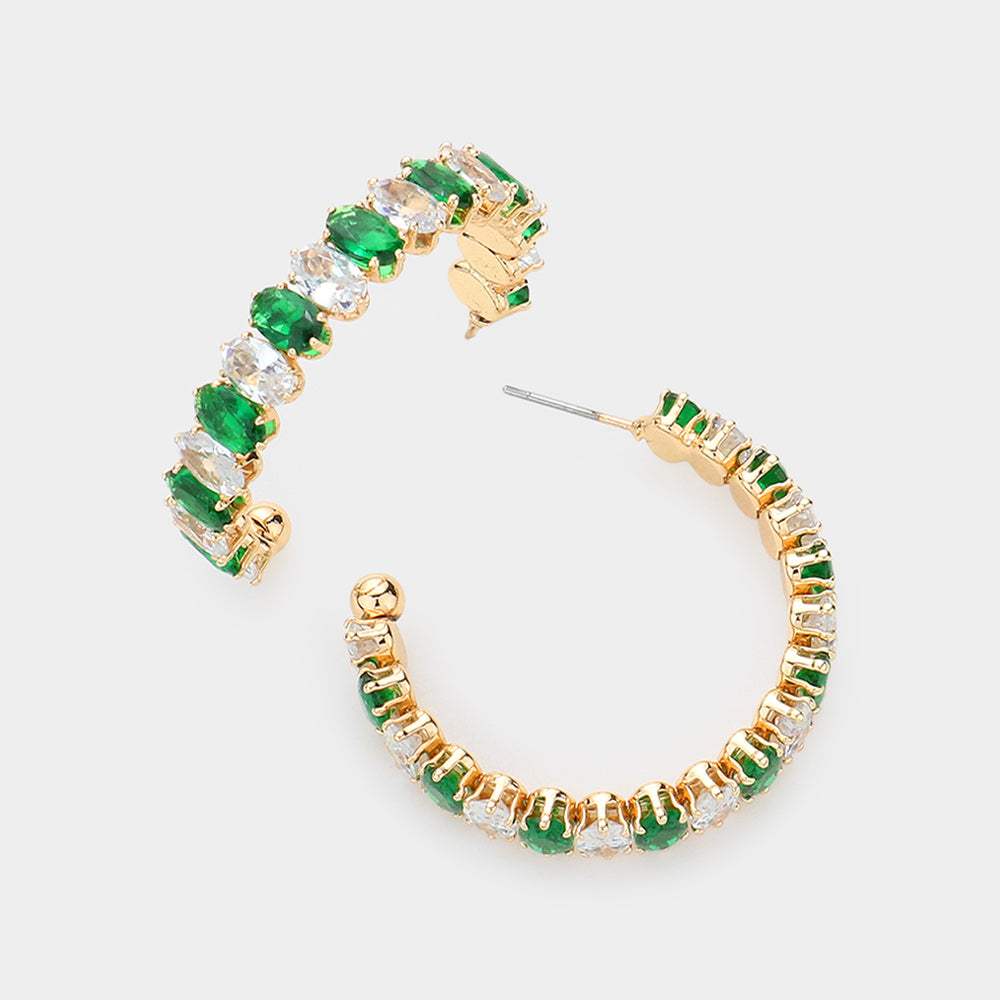 Emerald and Clear Marquise Stone Half Hoop Pageant Earrings for Women | Elegant Interview Earrings | 609926 | Perfect for Pageants, Weddings, and Formal Events
