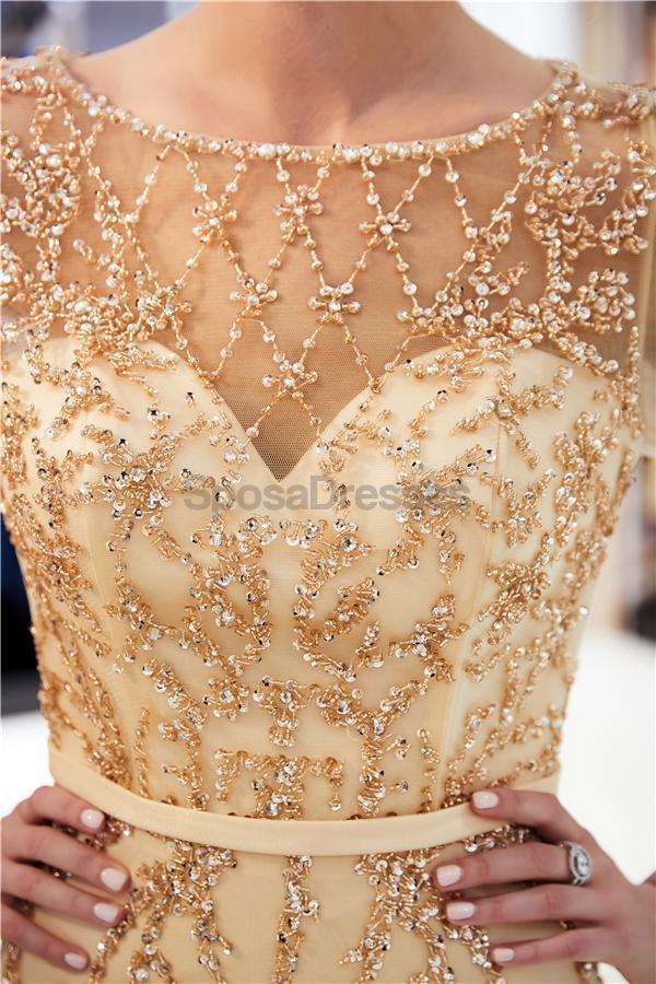 Elegant Long Sleeve Beaded Gold Evening Prom Dress for Women - Formal Gown for Homecoming, Ball, Party & Special Occasions | Style 12059