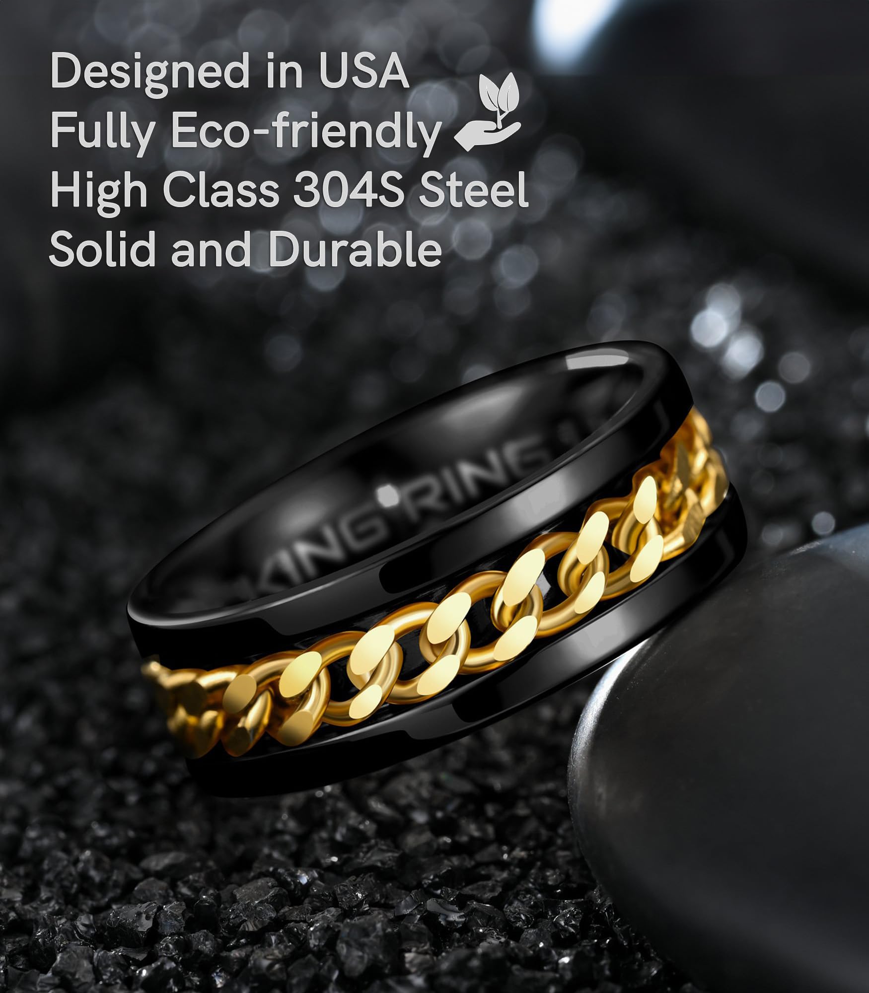 8mm Spinner Ring for Men & Women - Fine Polished Flat Fidget Ring with Cuban Chain - Stress Relief & Anxiety Relief Jewelry - Perfect for Office, Travel & Daily Wear - Designed in USA