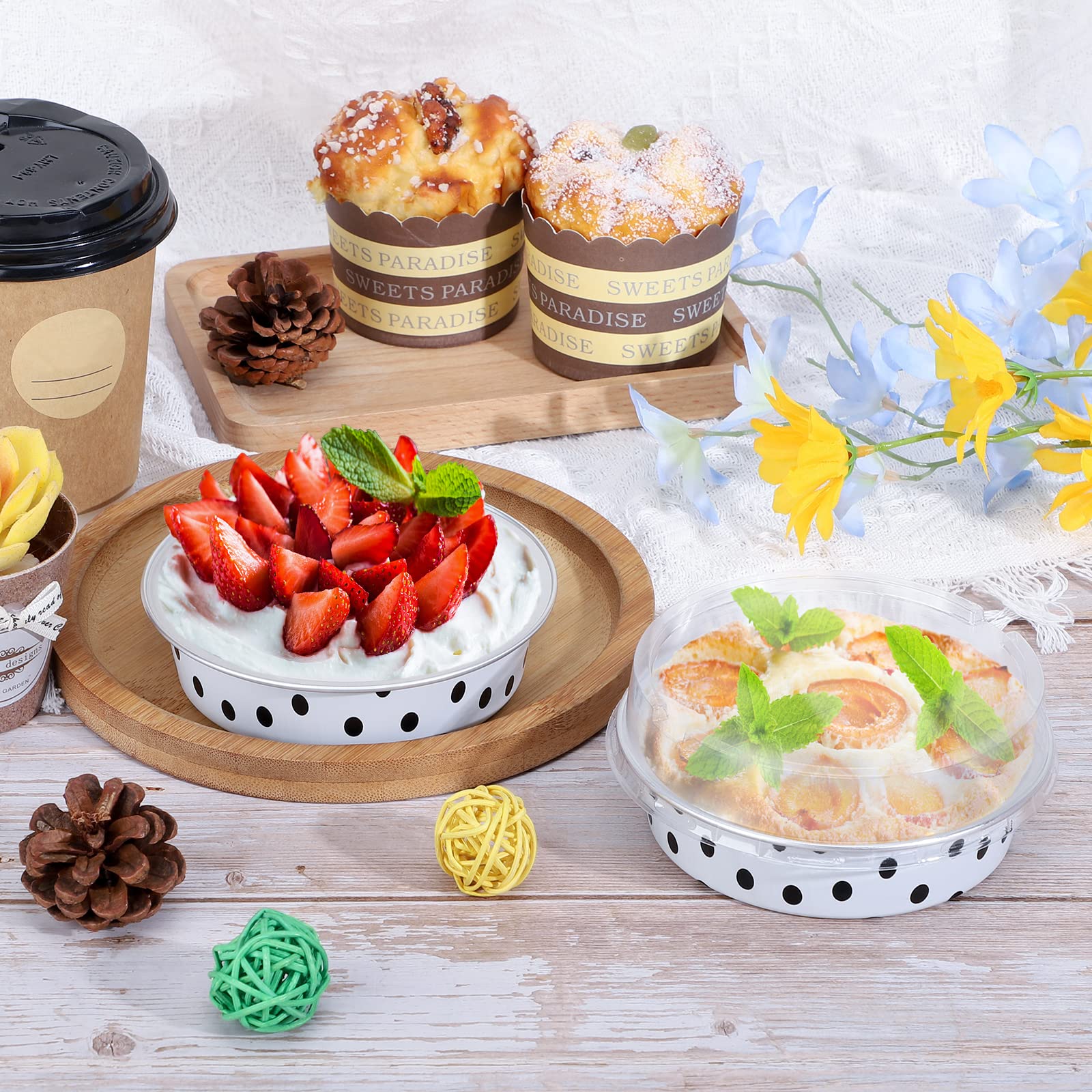 Beasea 50-Pack 4-Inch Mini Tart Pans with Lids - 8oz Disposable Aluminum Foil Baking Tins for Cupcakes, Desserts, Muffins & Cheesecakes - Perfect for Home Baking, Party Treats & Holiday Cooking (White with Black Dots)