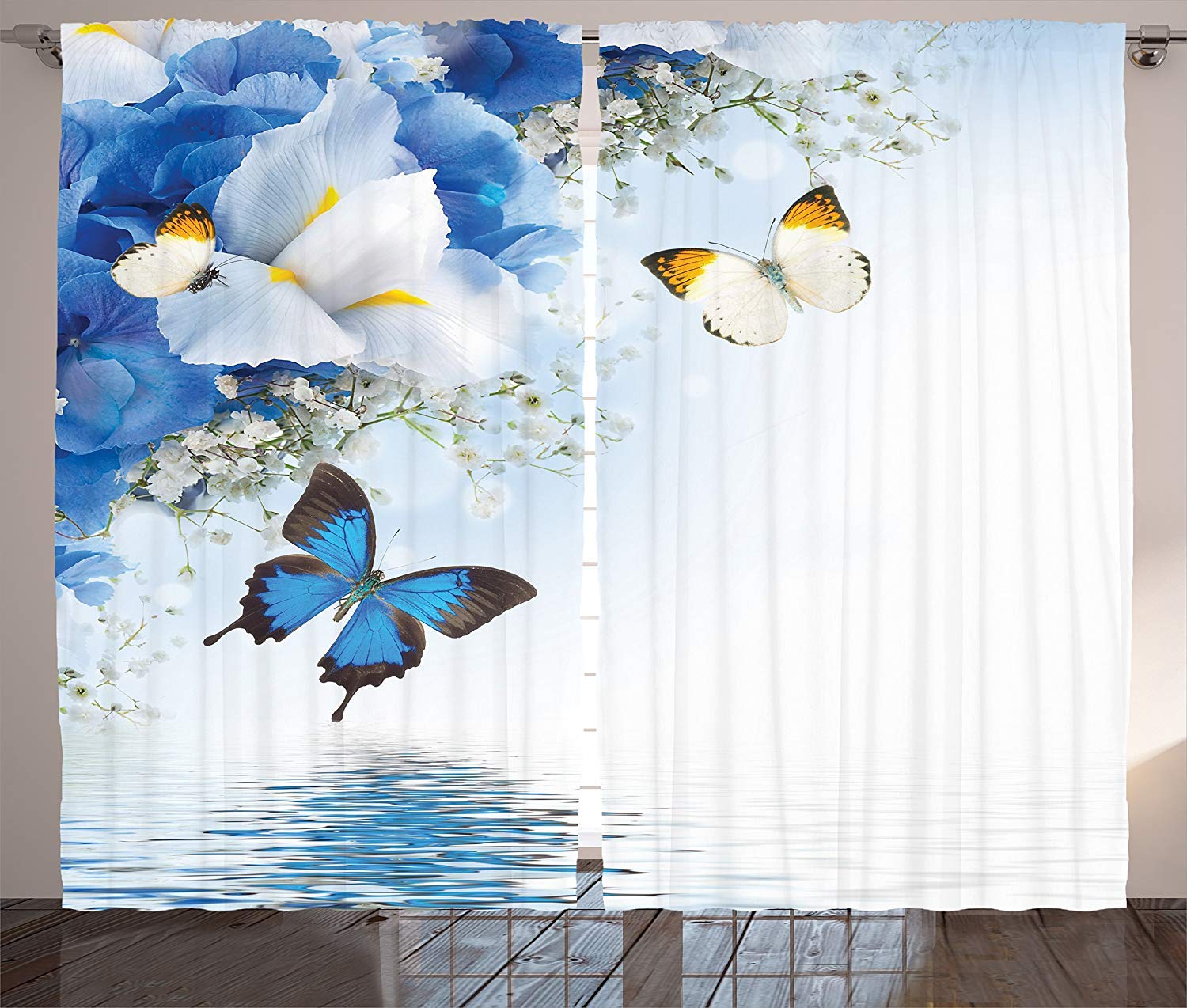 Futuregrace Floral Blackout Curtains - Blue & White Wildflower Design with Monarch Butterflies, Lily Therapy Zen Spa Art Print, 2 Panels Room Darkening Window Drapes (104