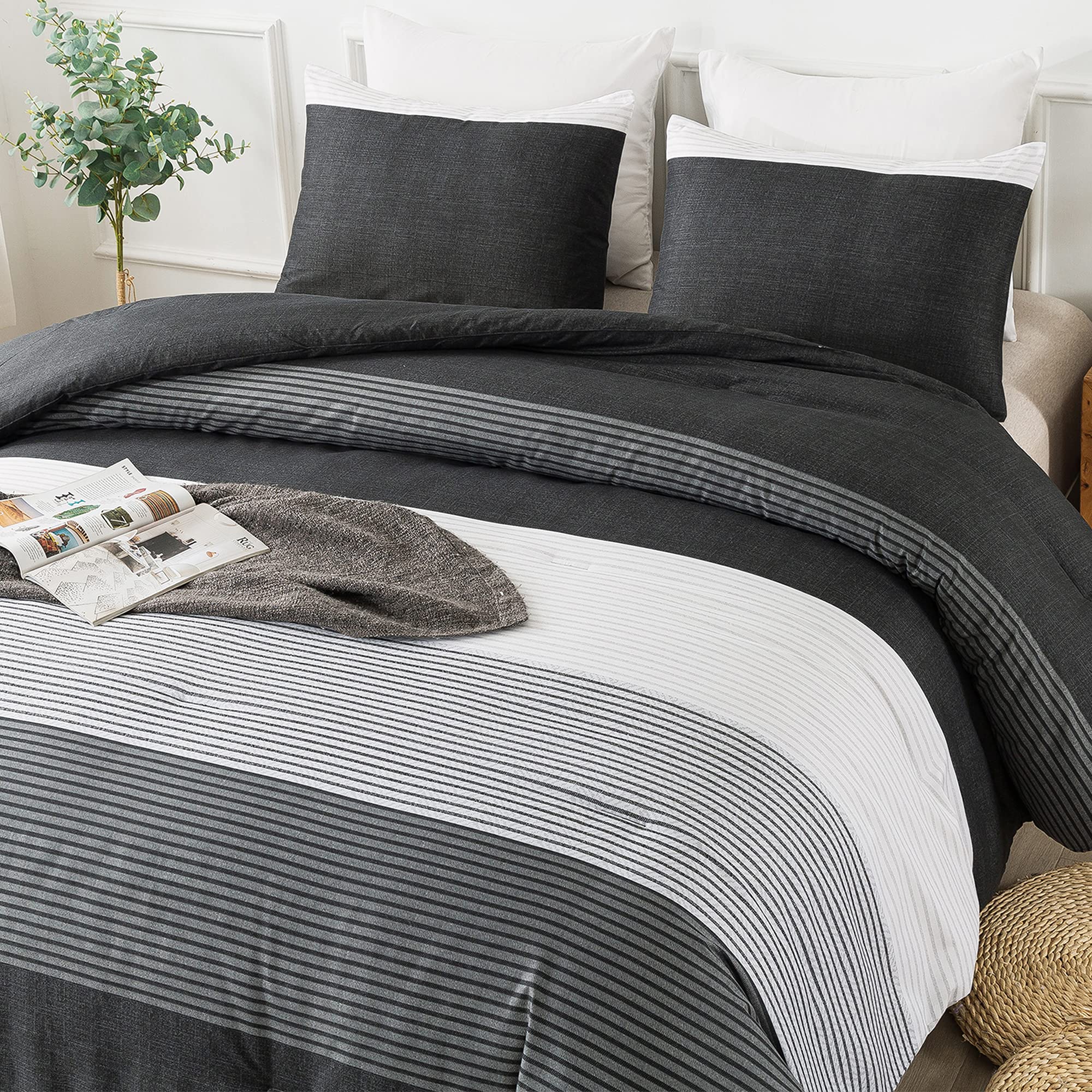 Andency Twin Size Stripe Comforter Set (66x90 Inch) - 2 Piece Black White Gray Patchwork Striped Down Alternative Bedding | Soft Microfiber Comforter with Corner Loops | Perfect for Kids Rooms, Guest Beds & Dorm Decor