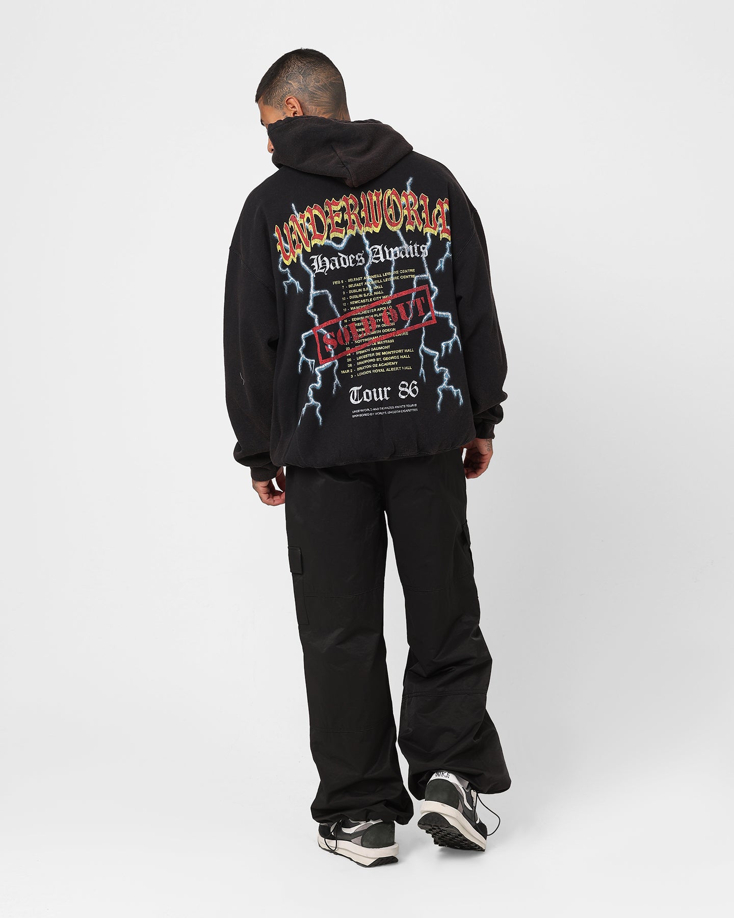 Vintage American Thrift Underworld Tour Hoodie - Distressed Black Wash | Streetwear Fashion for Concerts & Urban Style