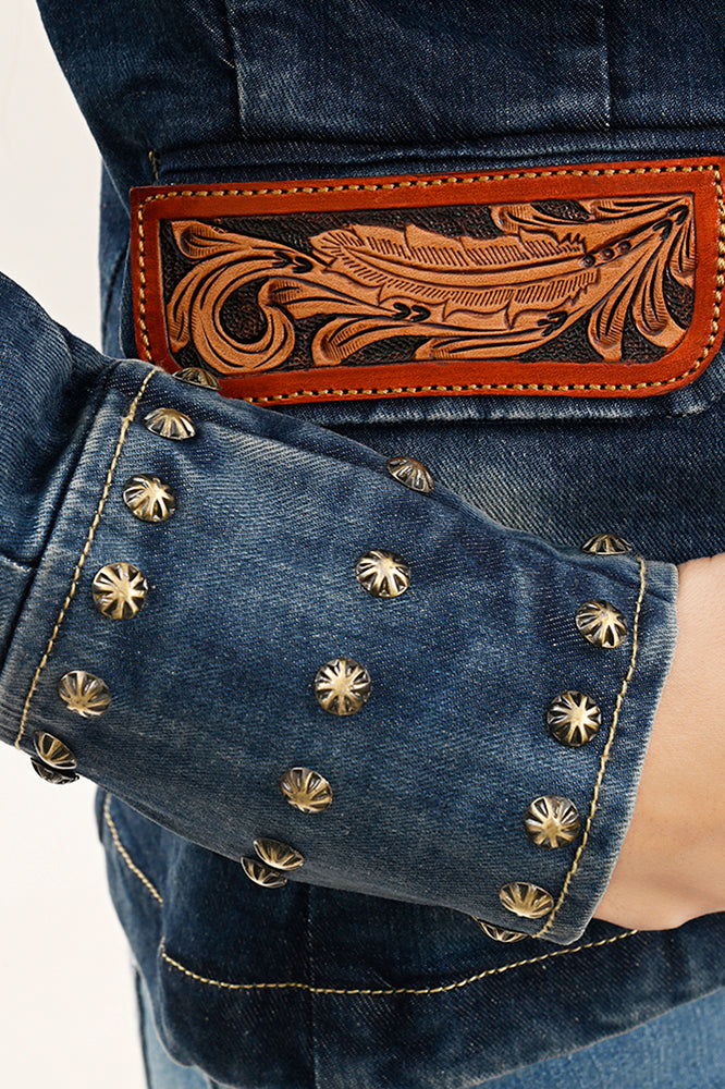 Genuine Leather Hand-Tooled Denim Blazer Jacket for Women - 100% Cotton Hand-Carved Ladies Dress Coat - Perfect for Office, Casual Outfits & Special Occasions