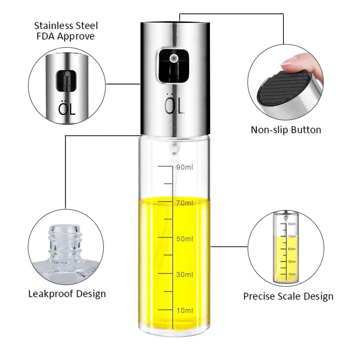 Stainless Steel Oil Sprayer - 100ml Refillable Olive Oil Mister Dispenser for Cooking, Grilling, Roasting, Salad & Air Fryer | Includes Bottle Brush, PP Brush & Funnel | Perfect for Kitchen, BBQ & Healthy Cooking