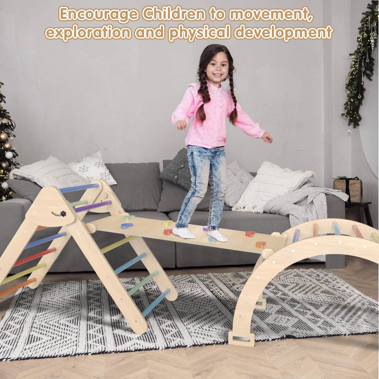 5-in-1 Foldable Wooden Pikler Triangle Set - Montessori Climbing Gym for Toddlers with Arch, Ramp & Ladder - Indoor Baby Climbing Toys for Home Playroom, Daycare & Montessori Education