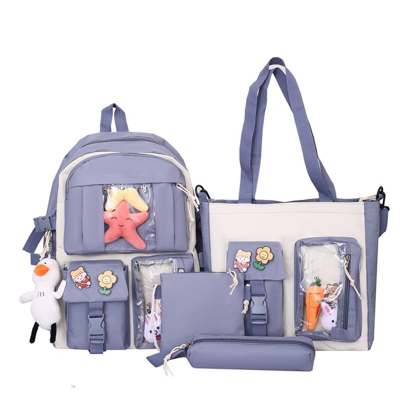 4Pcs Cute Canvas School Backpack Set with Kawaii Duck Charm & Pins - Lightweight Laptop Tote Bag for Girls Teens - Perfect for School, College, Travel & Daily Use (Blue)