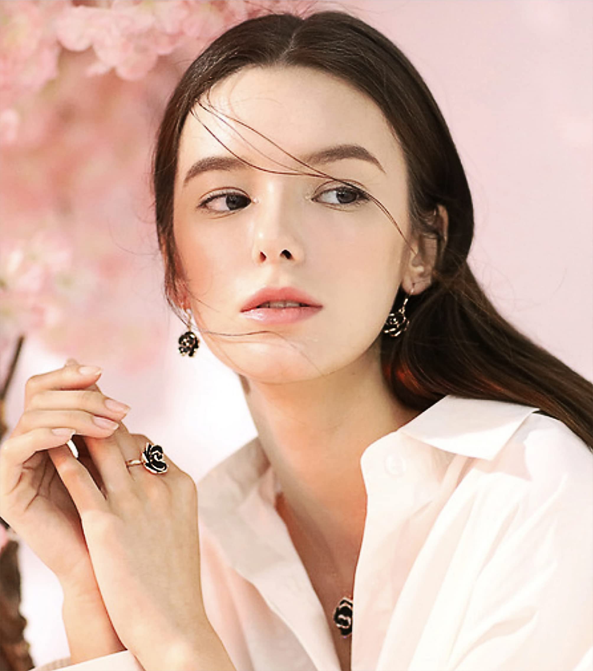 Rose Gold Plated Black Rose Dangle Drop Earrings - Elegant Fashion Jewelry for Women, Perfect for Evening Parties & Date Nights