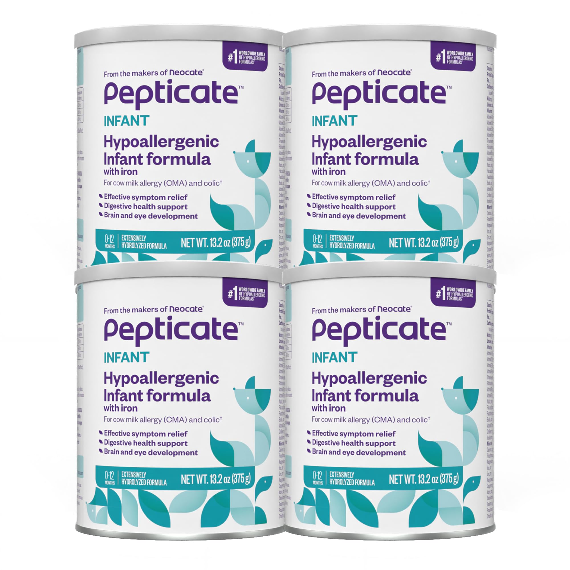 Pepticate Hypoallergenic Baby Formula Powder for Infants with Cow Milk Allergy - Contains Omega 3 DHA, ARA, Iron & Prebiotics - 13.2oz (4 Pack) - Ideal for Sensitive Newborns and Toddlers with Digestive Issues