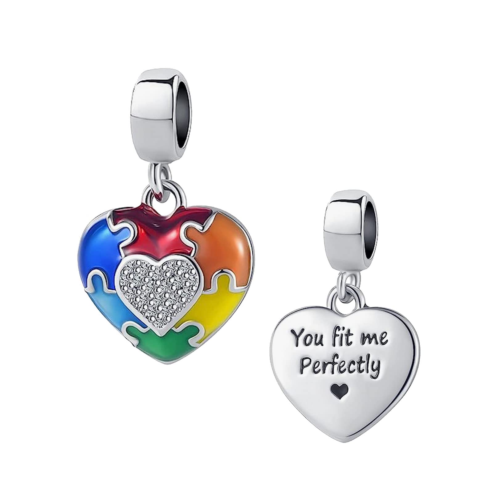 KunBead Autism Awareness Puzzle Heart 'I Love You' Dangle Charms - Compatible with Pandora Bracelets & Necklaces for Women | Jewelry Gift for Autism Support & Awareness Campaigns
