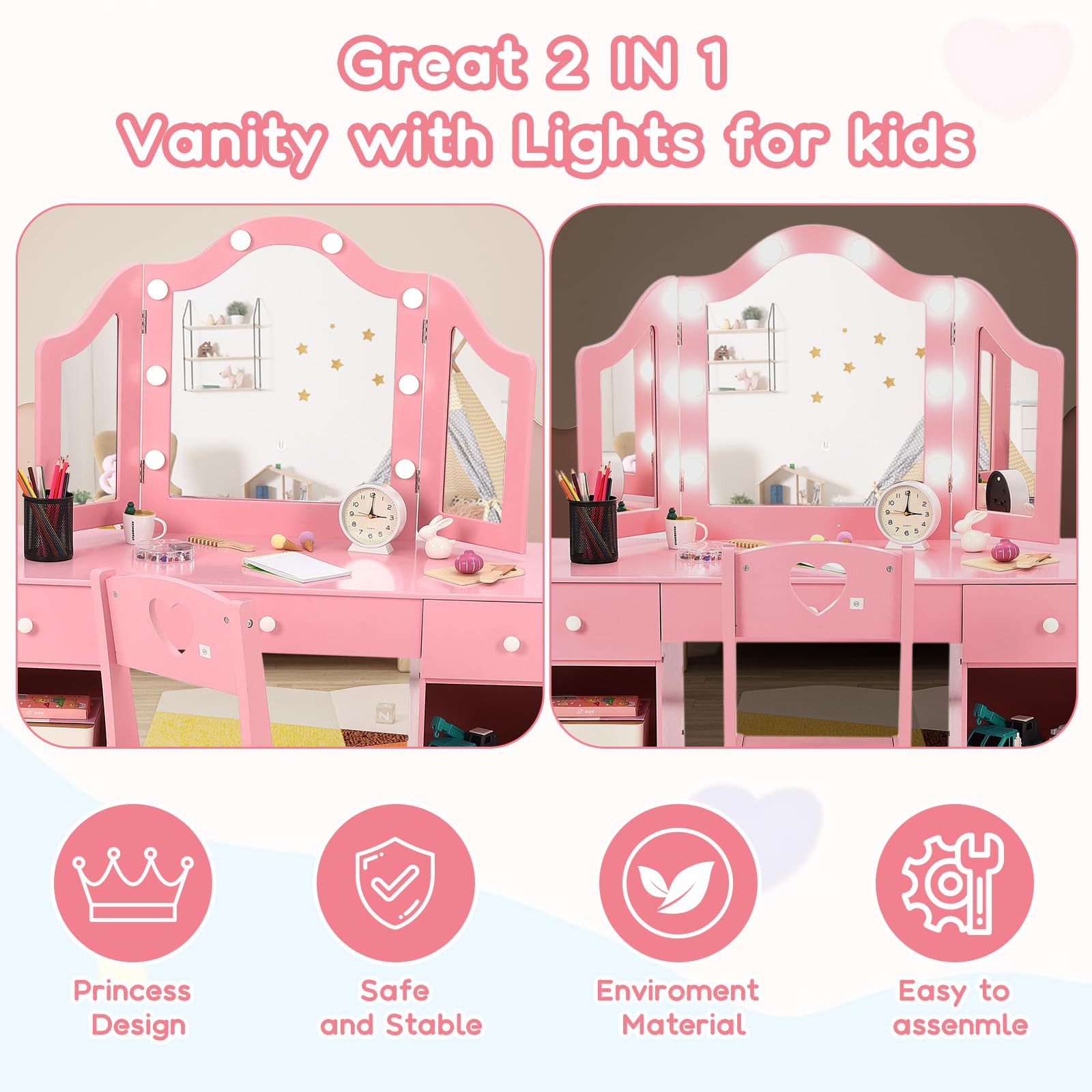 Princess Makeup Vanity Table Set for Girls - Wooden Kids Dressing Table with Touch Light, Detachable Tri-Folding Mirror & Open Storage Shelves - Perfect for Pretend Play, Birthday Gifts & Bedroom Decor (Pink/White)