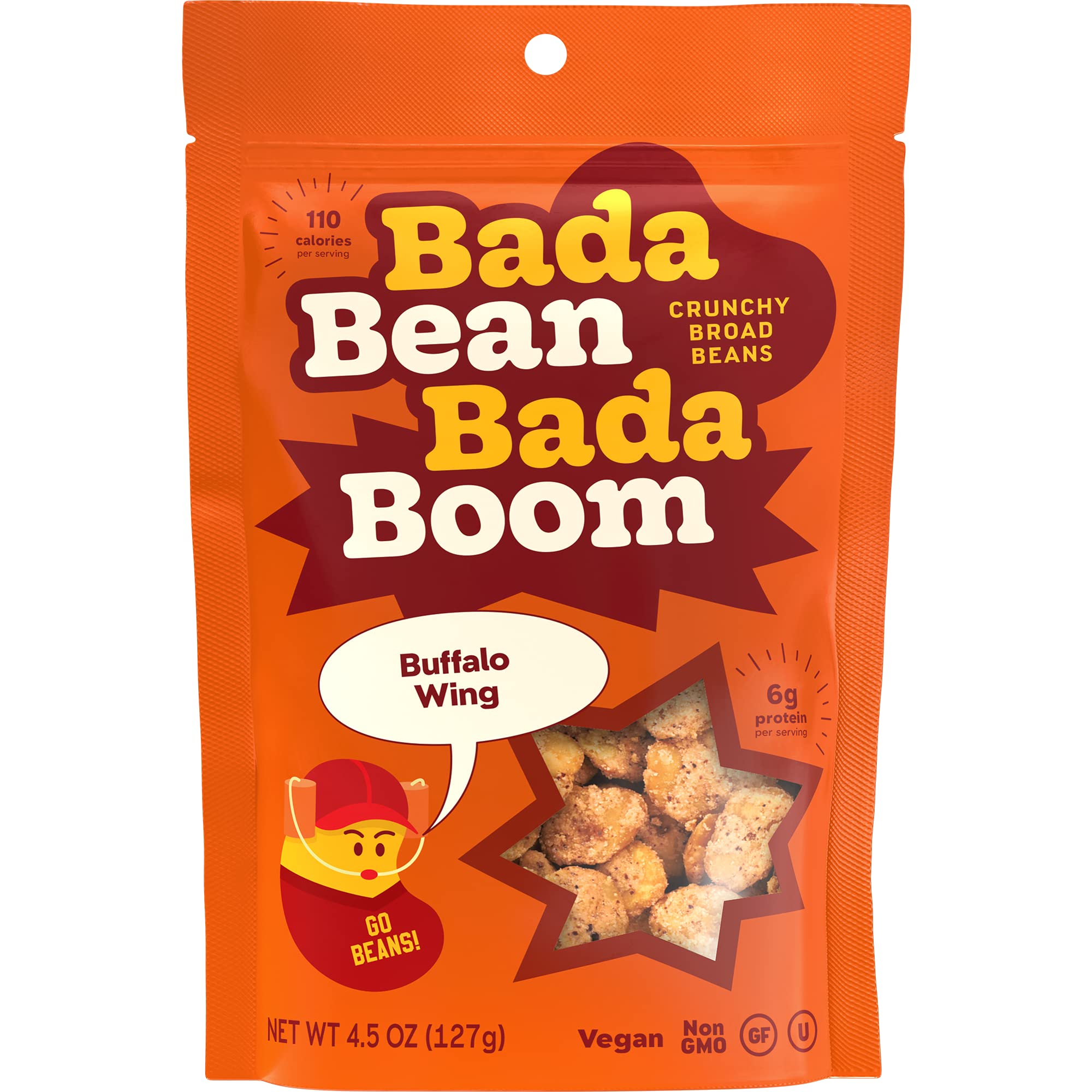 Bada Bean Bada Boom Crunchy Roasted Broad Bean Snacks - High Protein Vegan Gluten-Free Fava Beans, 110 Calorie Packs, Buffalo Wing Flavor, 4.5oz (Pack of 6) - Perfect Healthy Snack for Office, Travel & Keto Diet