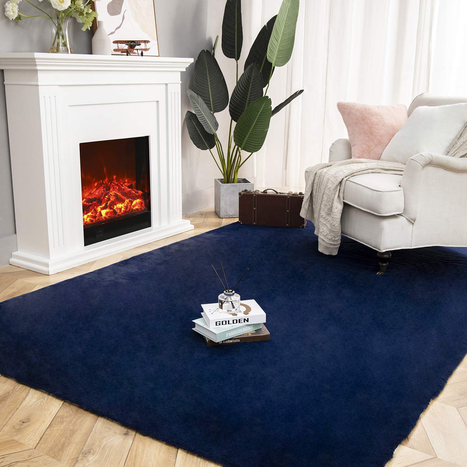 Premium Ashler Faux Fur Rug - Ultra Soft Rabbit Fur Area Rug in Dark Blue (6x9 Feet) | Machine Washable Luxury Floor Mat for Bedroom, Nursery, Living Room & Kids Room Decor | Cozy Home Accent for Winter & Modern Interior Design