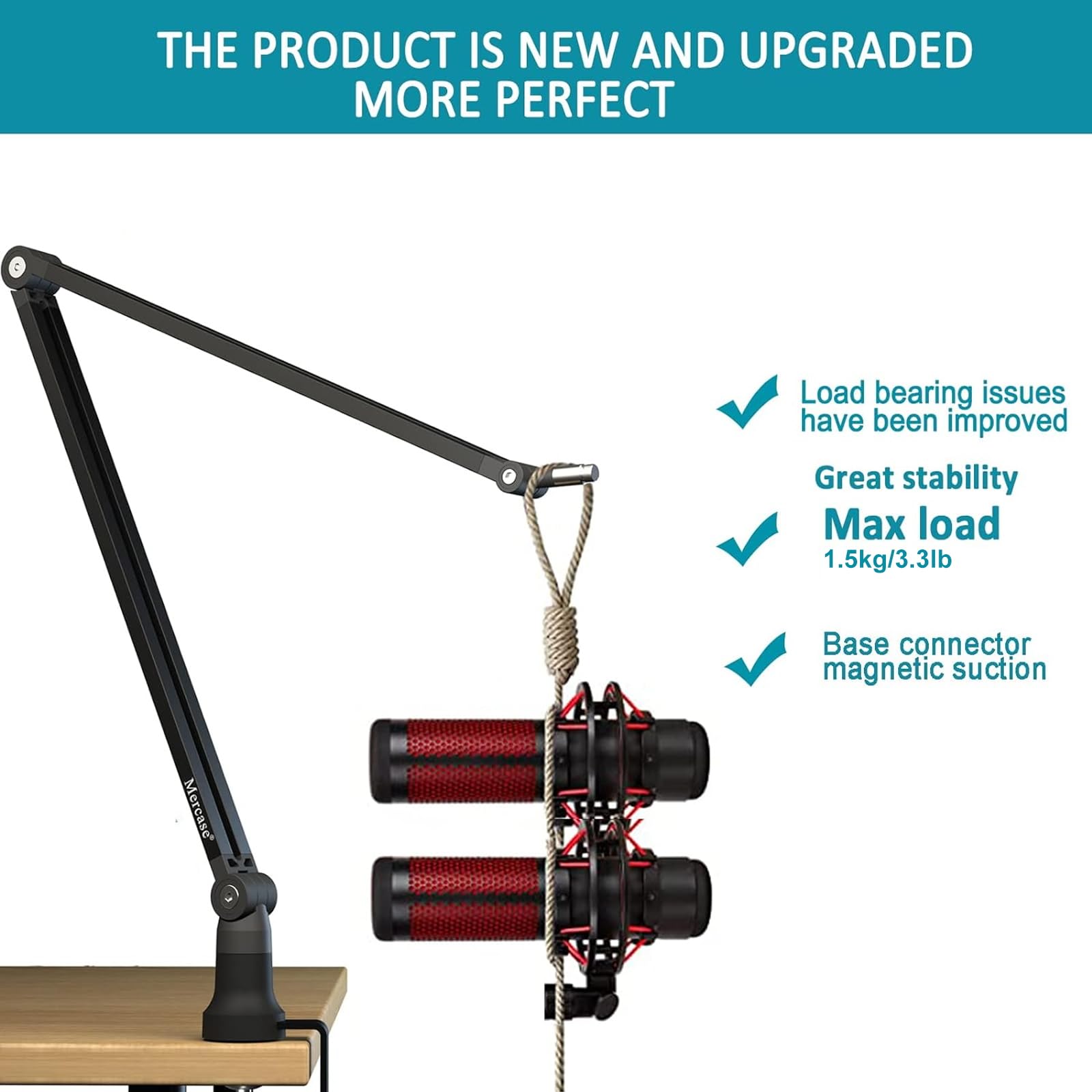 Foldable Metal Microphone Boom Arm Stand with Desk Clamp - Adjustable Scissor Mic Arm for Blue Yeti, Snowball, HyperX QuadCast - Hidden Cable Trough & 3/8