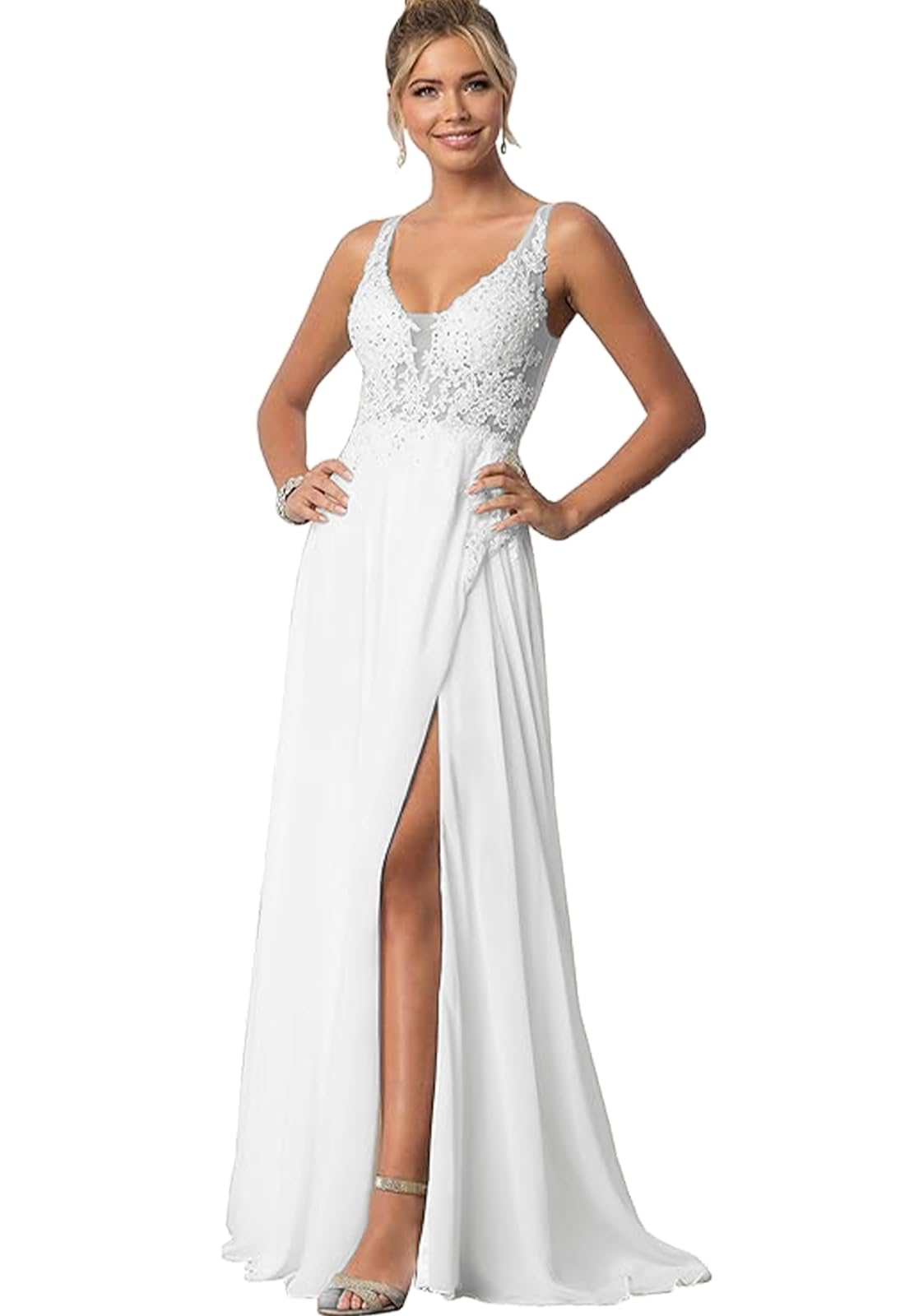 2024 Boho Beach Wedding Dresses for Bride - V Neck A-Line Chiffon Gown with Lace Appliques & Beaded Details | Perfect for Beach, Destination & Outdoor Weddings