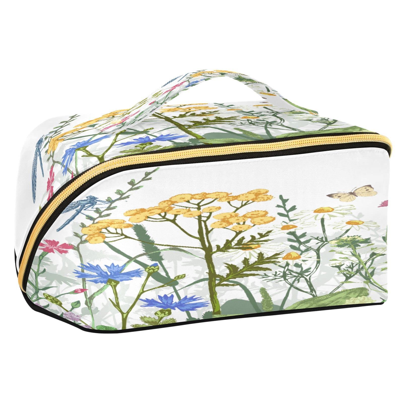 Rhombus Cosmetic Bag - Large Capacity Travel Makeup Organizer with Handle for Women | Floral Butterfly Dragonfly Design | Portable Toiletry Storage for Travel, Gym & Daily Use