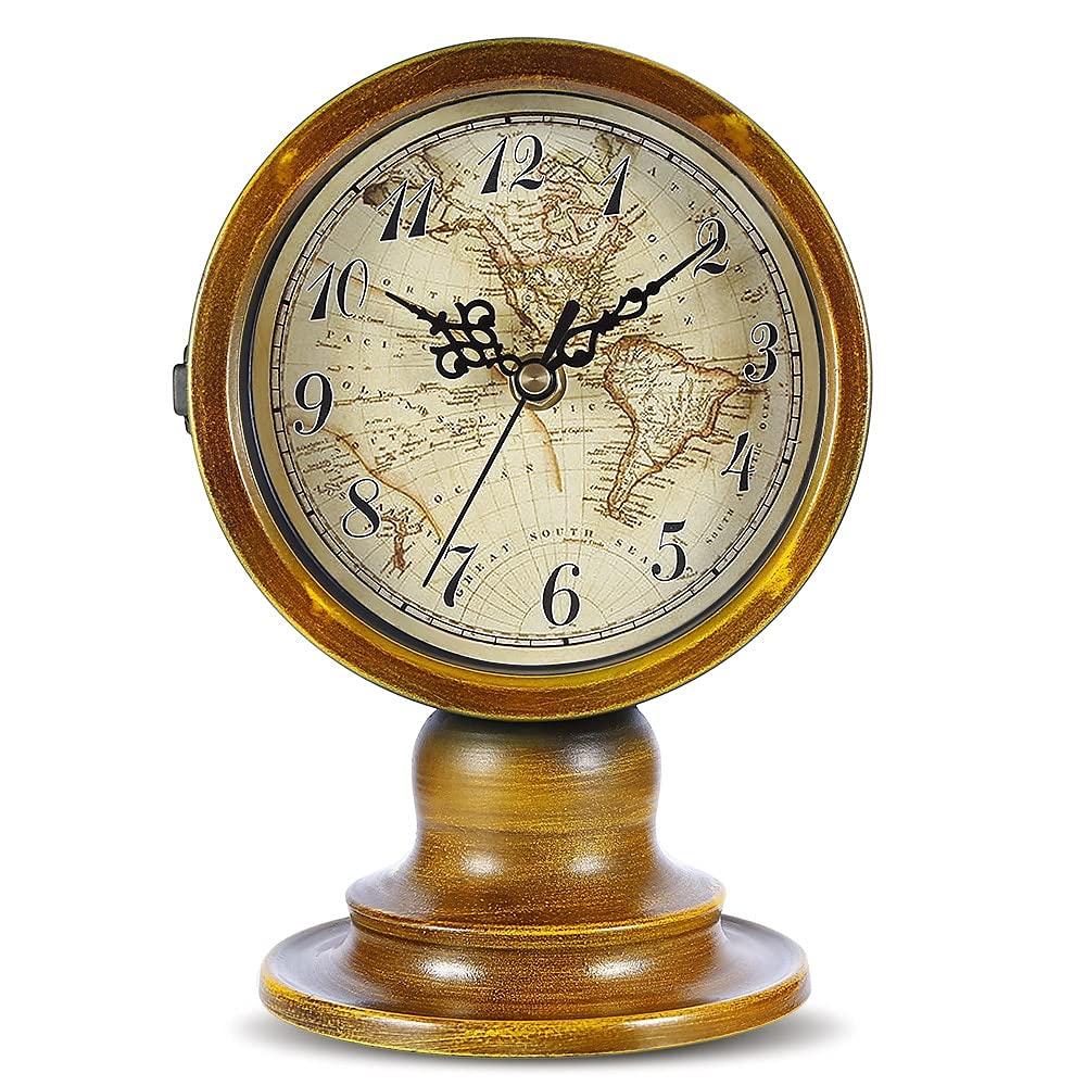 Vintage Metal Retro Table Clock with European World Map Design - Double-Sided Silent Desk Clock for Home Office Decor | Perfect for Living Room, Study & Gift Giving