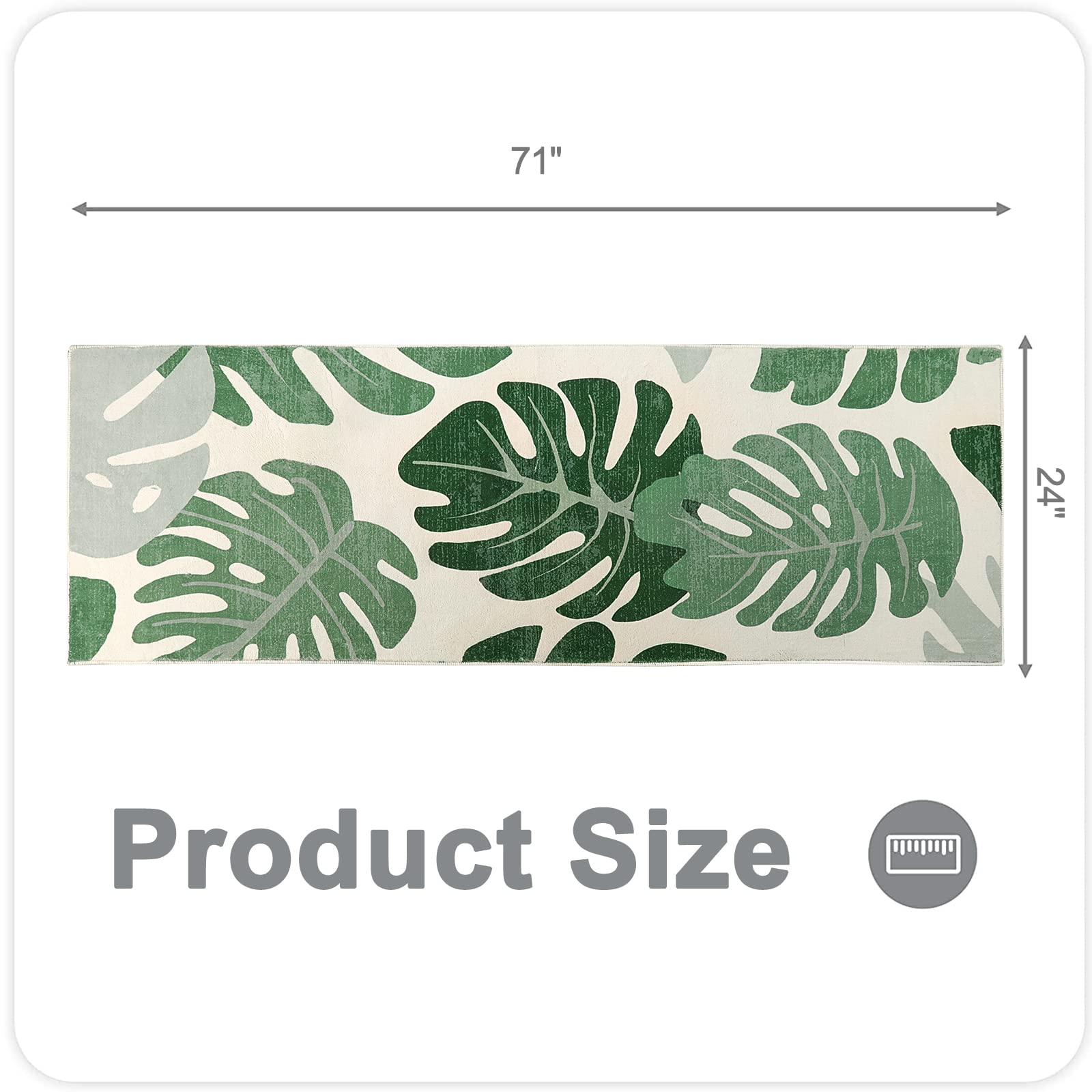 Lukinbox Green Leaf Washable Bathroom Runner Rug - Non-Slip Soft Velvet Bath Mat, Extra-Long 24