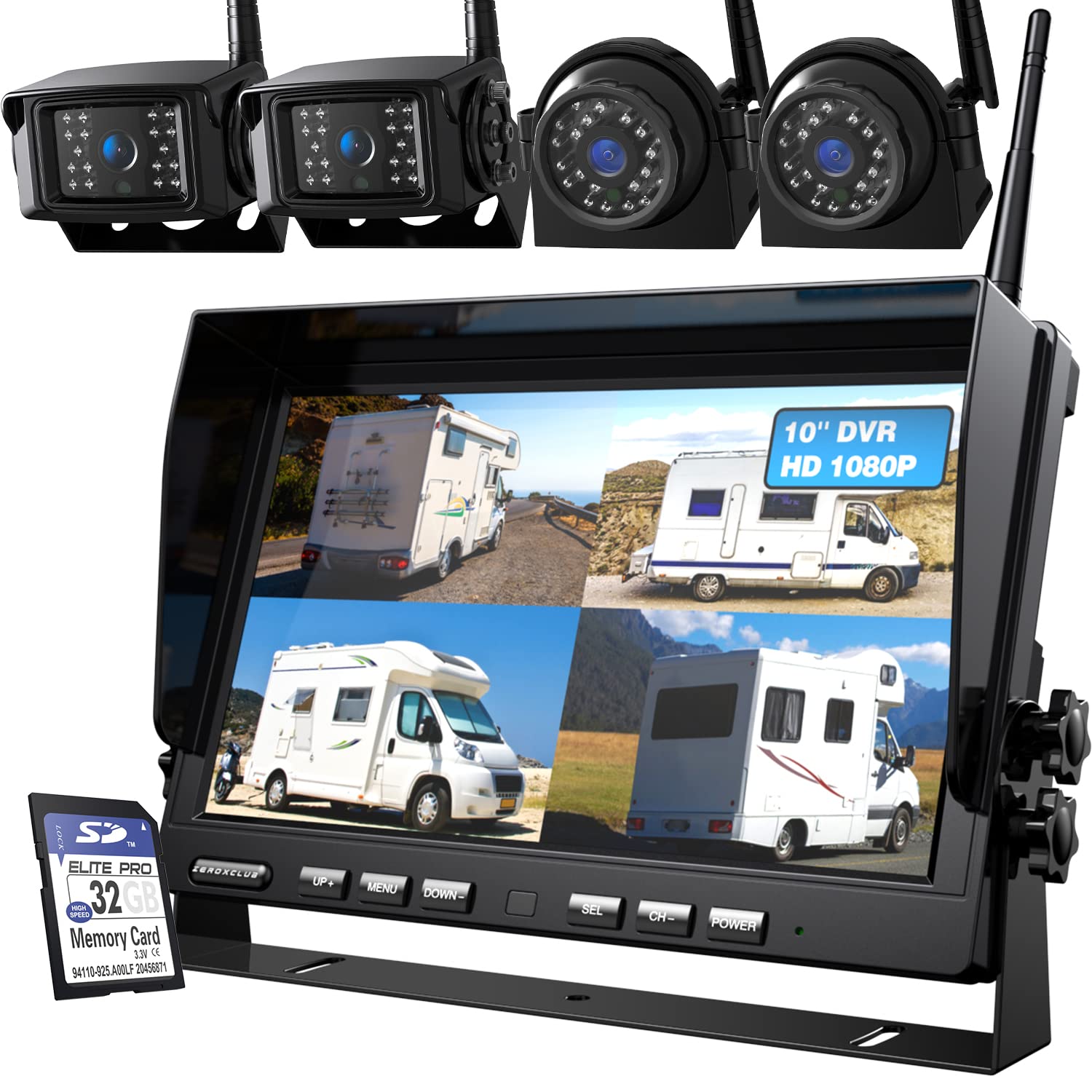 ZEROXCLUB 10 Inch Wireless Backup Camera System with 1080P HD Monitor, DVR Quad Split Screen, IP69 Waterproof Digital Signal Recording for RV, Truck, Trailer, Camper - BW104SL | Perfect for Parking, Reversing & Night Driving Safety