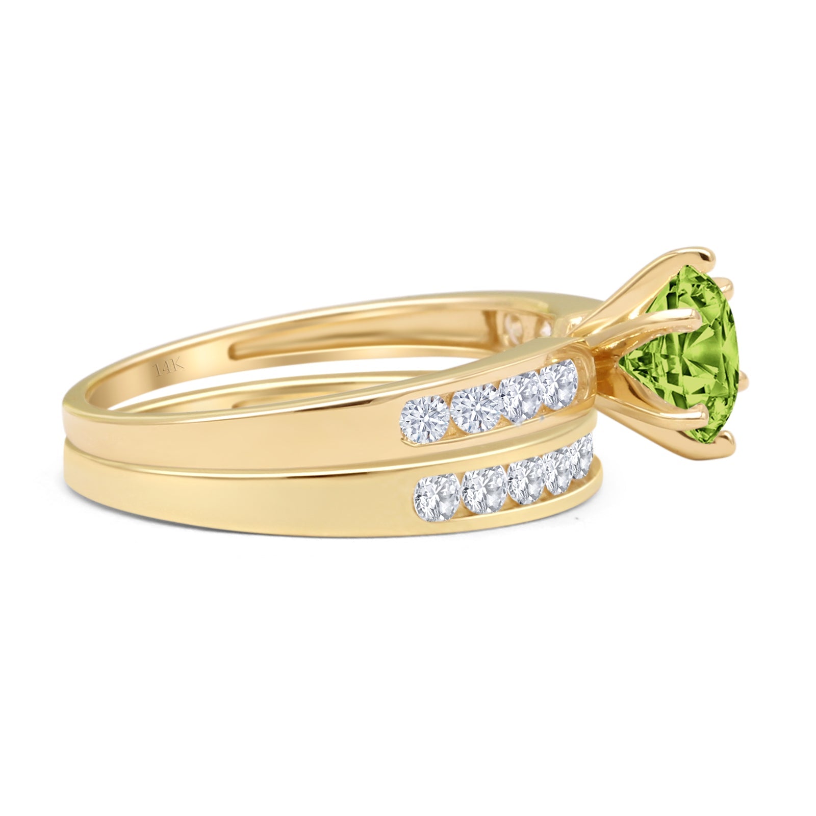 14K Yellow Gold Two Piece Half Eternity Round Peridot CZ Cathedral Ring - Elegant Wedding Band, Anniversary Gift for Her, Perfect for Bridal Jewelry and Special Occasions