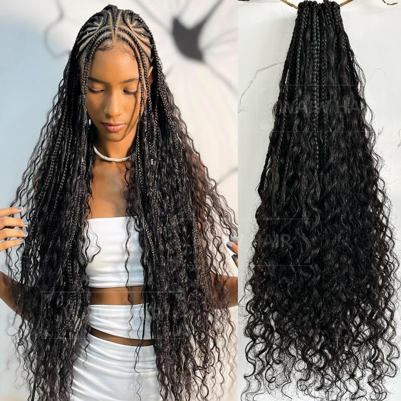 Natural Color 18-Inch Crochet Boho Box Braids with Human Hair Curls – 2 Pack (80 Strands) | Pre-Looped Curly Synthetic Hair for Women | Perfect for Boho Chic, Goddess & Protective Hairstyles