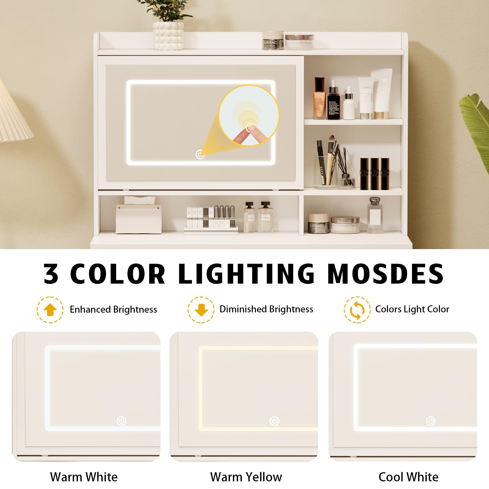 Vanity Desk with Mirror & LED Lights, Chair & 4 Drawers - 3 Adjustable Lighting Modes, Power Outlet & Sliding Mirror - White Bedroom Vanity Table for Makeup & Dressing (Perfect for Small Spaces & Apartment Living)