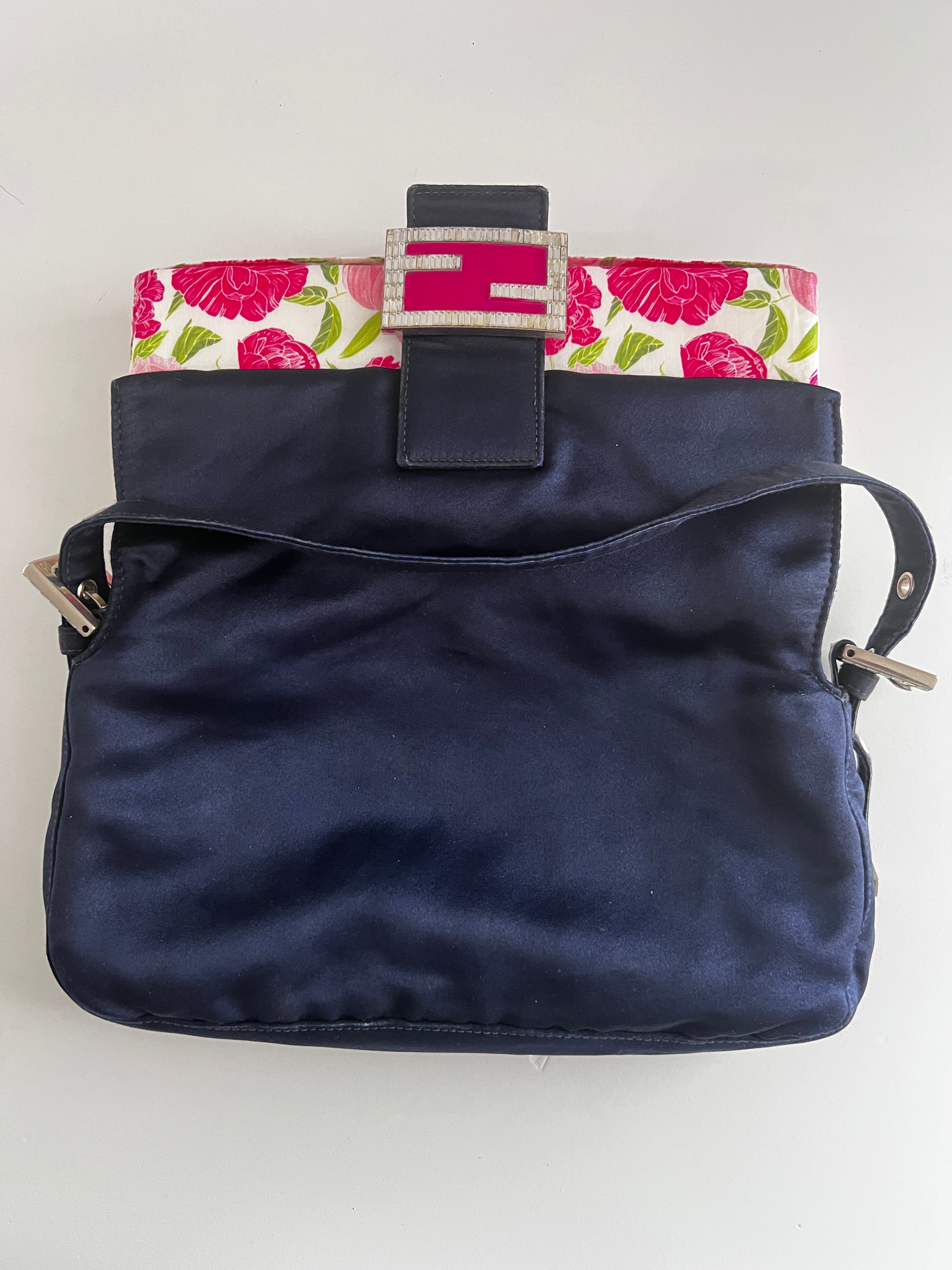 Vintage Fendi Navy Blue Satin Baguette Handbag - Luxury Designer Crossbody Purse for Women, Perfect for Evening Parties & Special Occasions