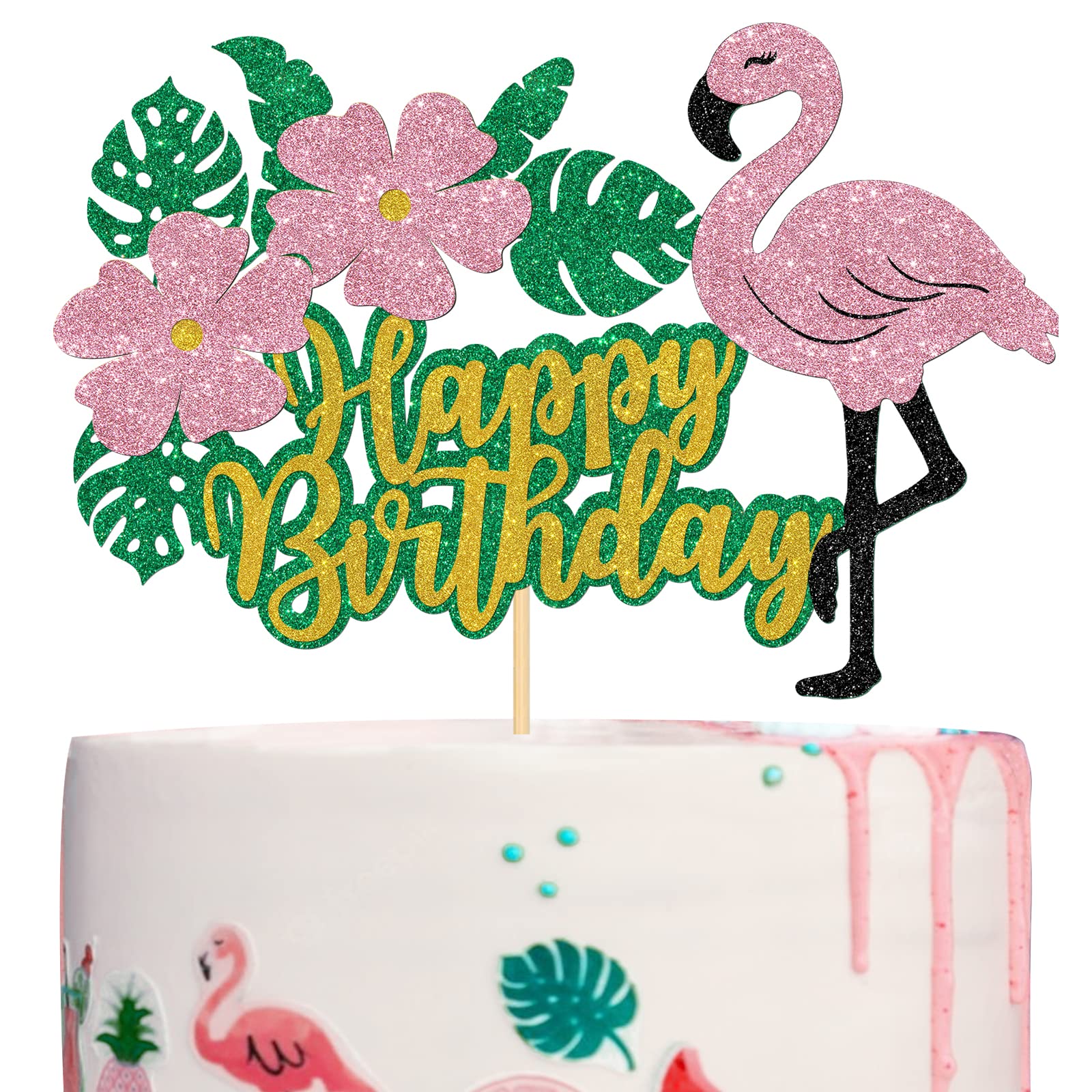 Gold Glitter Flamingo Cake Topper - Happy Birthday Party Decorations for Girls, Tropical Hawaii Theme with Leaf Design - Perfect for Kids Birthday Cakes, Baby Showers & Themed Celebrations