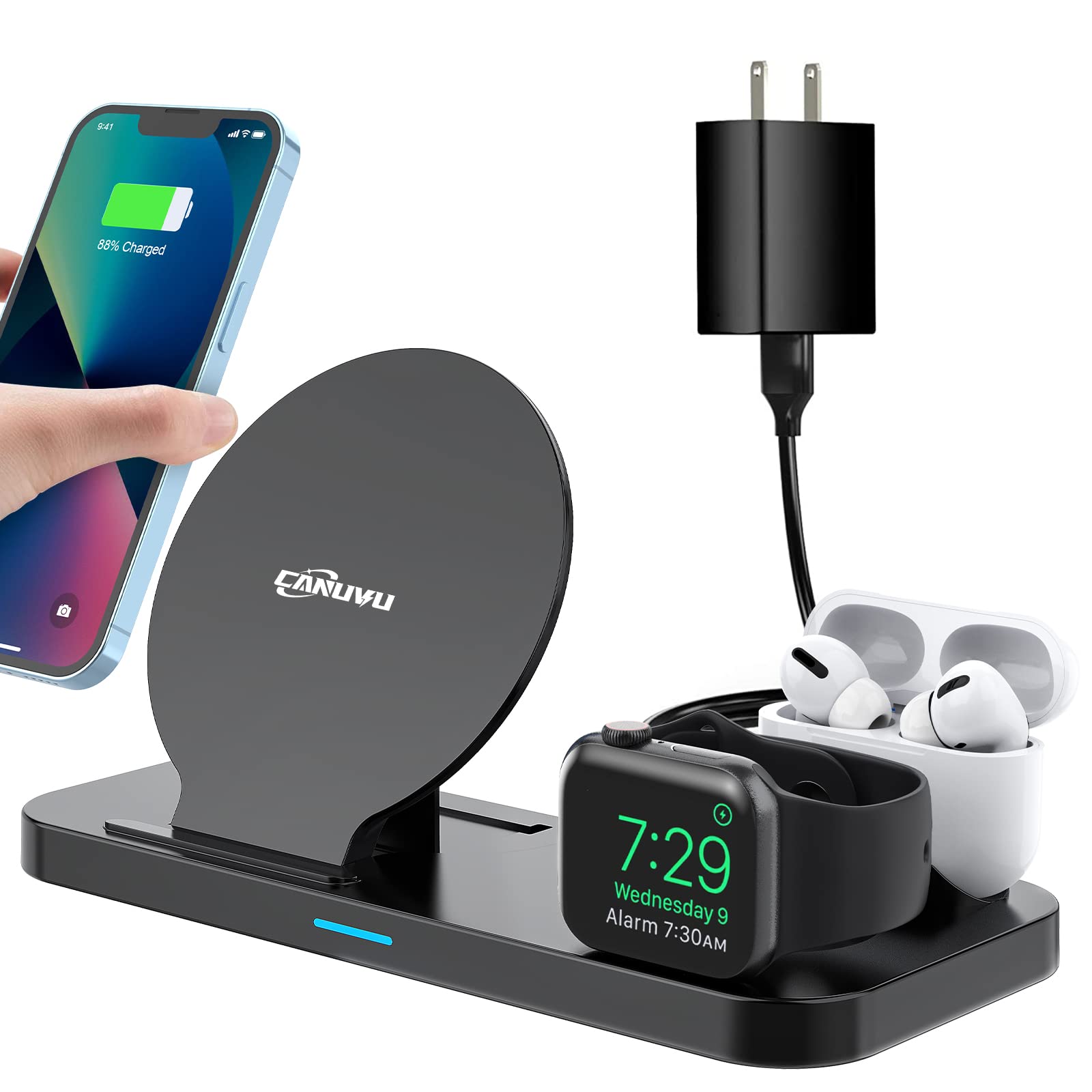 CANUVU 3-in-1 Fast Wireless Charging Station for iPhone 14/13/12/11/X/XS/XR/8, Apple Watch, AirPods & Android Phones - QC3.0 Adapter Included | Perfect for Bedside, Office & Travel Charging