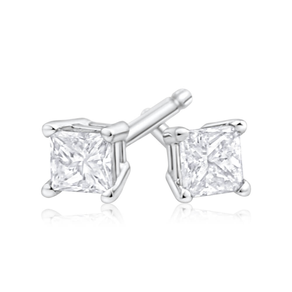 9ct White Gold Diamond Stud Earrings Set with 2 Princess Cut Diamonds - Elegant Jewelry Gift for Women, Perfect for Weddings, Anniversaries & Special Occasions
