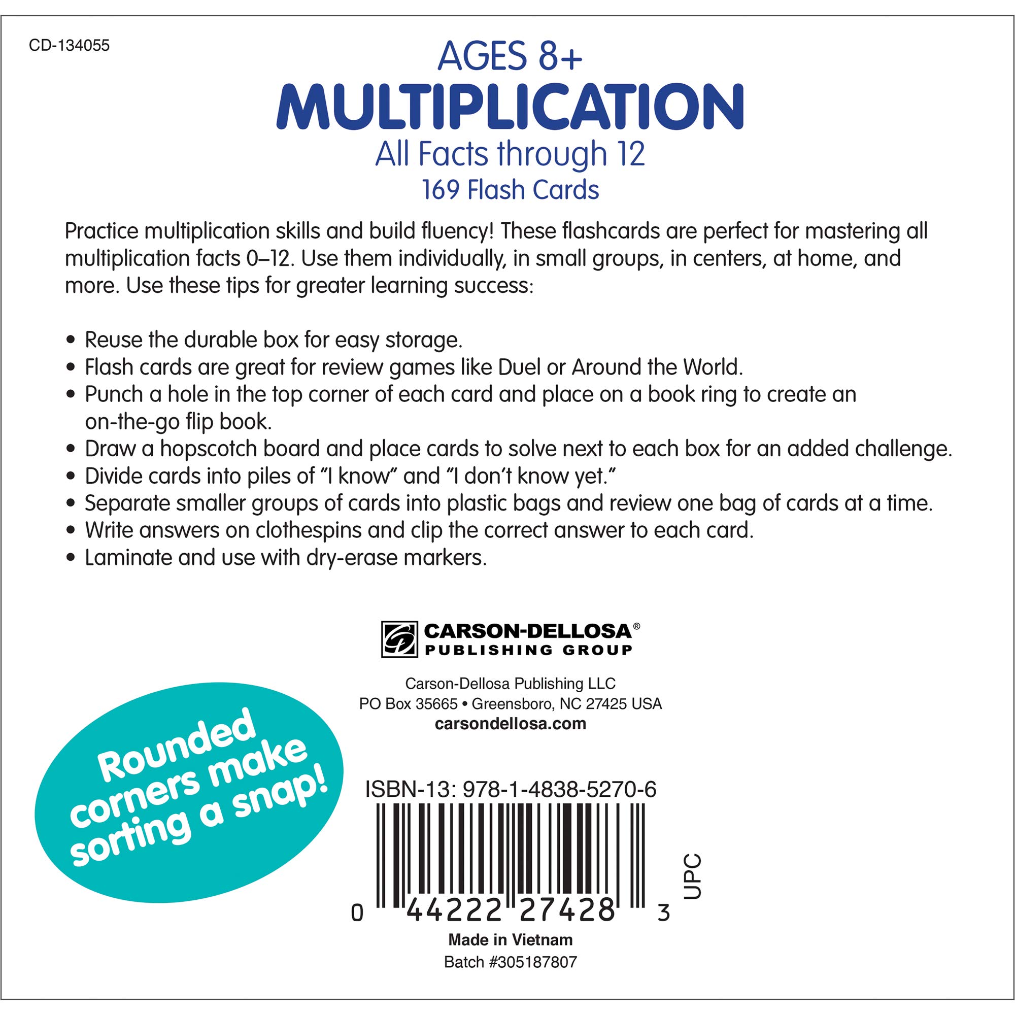Multiplication Flash Cards for Kids Ages 8-12 | Times Table Learning Cards for 3rd, 4th & 5th Grade Math Practice | Carson Dellosa Educational Flashcards with Answers | Perfect for Homeschool, Classroom & Tutoring