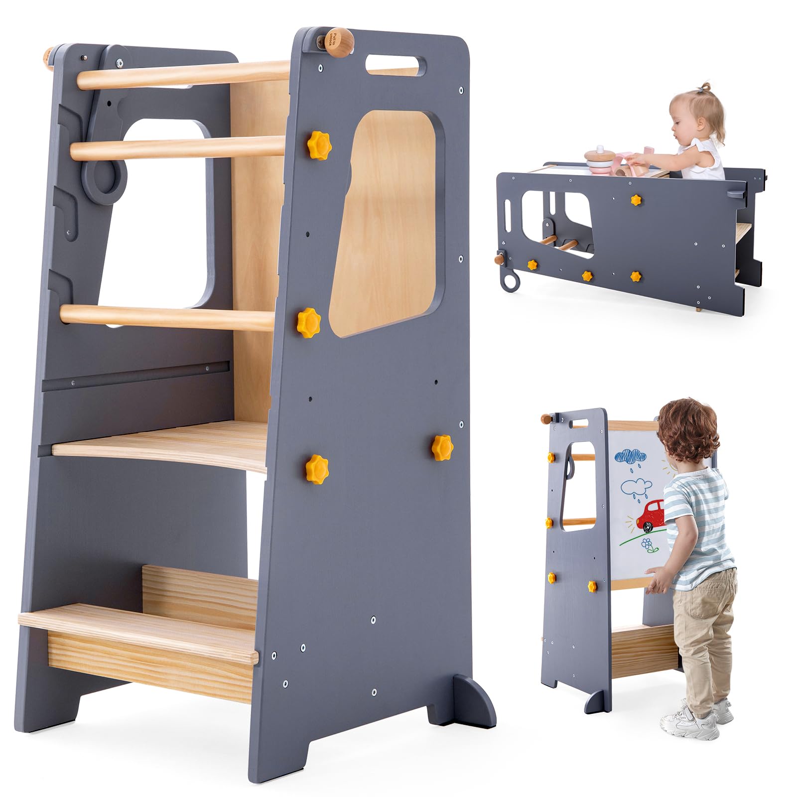 4-in-1 Adjustable Height Toddler Kitchen Tower - Convertible Step Stool with Safety Rail, Whiteboard & Table - Kids Learning Tower for Cooking, Baking & Play - Perfect Montessori Kitchen Helper for Toddlers 1-5 Years Old