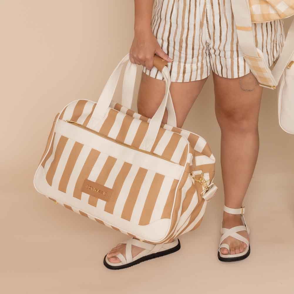 Bon Voyage Weekender Bag - Stylish Tan Stripe Canvas Travel Duffle for Women & Men | Perfect Carry-On for Weekend Getaways, Gym & Overnight Trips