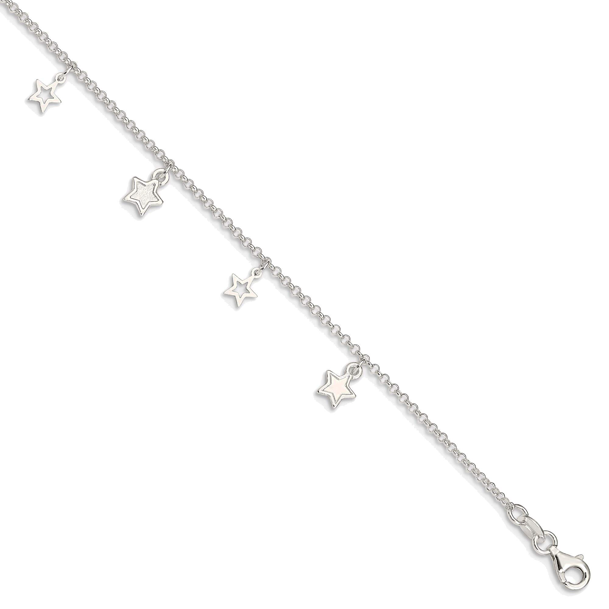 Bonyak Sterling Silver Star Anklet - 9in + 1in Extender, Polished & Textured Design - Perfect for Beach, Festival, and Everyday Boho Style