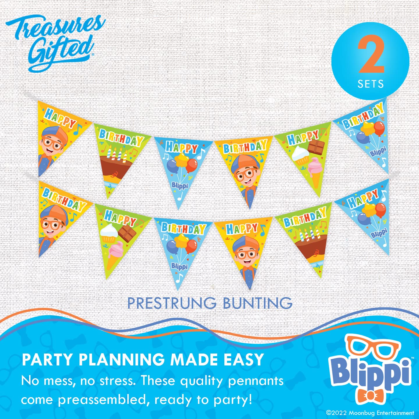 Officially Licensed Blippi Birthday Party Decorations - Set of 3 Banners (1 Main Banner + 2 Happy Birthday Pennants) for Kids' Birthday Celebrations & Themed Parties - Perfect for Blippi Fans, Classroom Events & Children's Party Decor