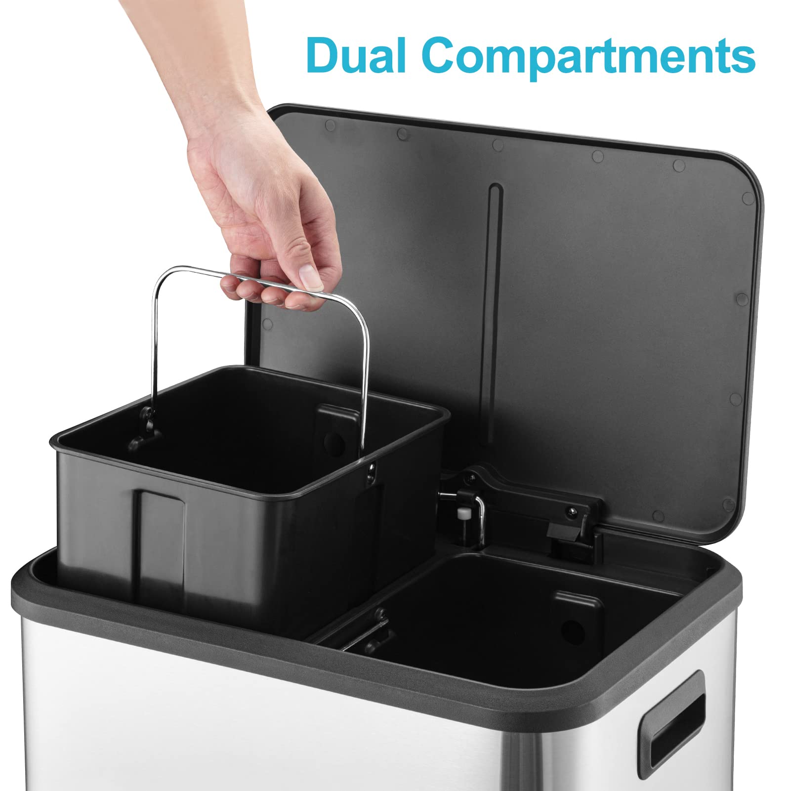 GARVEE 2x4 Gallon Stainless Steel Dual Compartment Trash Can and Recycling Bin with Removable Inner Buckets & Soft Close Lid - Ideal for Kitchen, Home, Office, and Business Use (Silver)