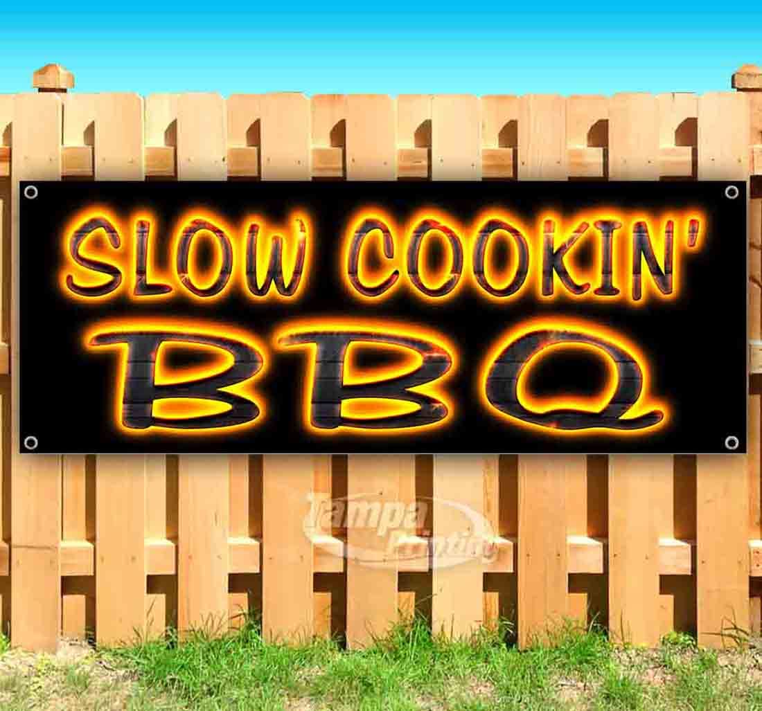 Slow Cookin' BBQ Banner 13 oz - Heavy-Duty Vinyl Single-Sided Sign with Metal Grommets | Durable Outdoor Party Decor for Backyard BBQs, Tailgating & Grilling Events