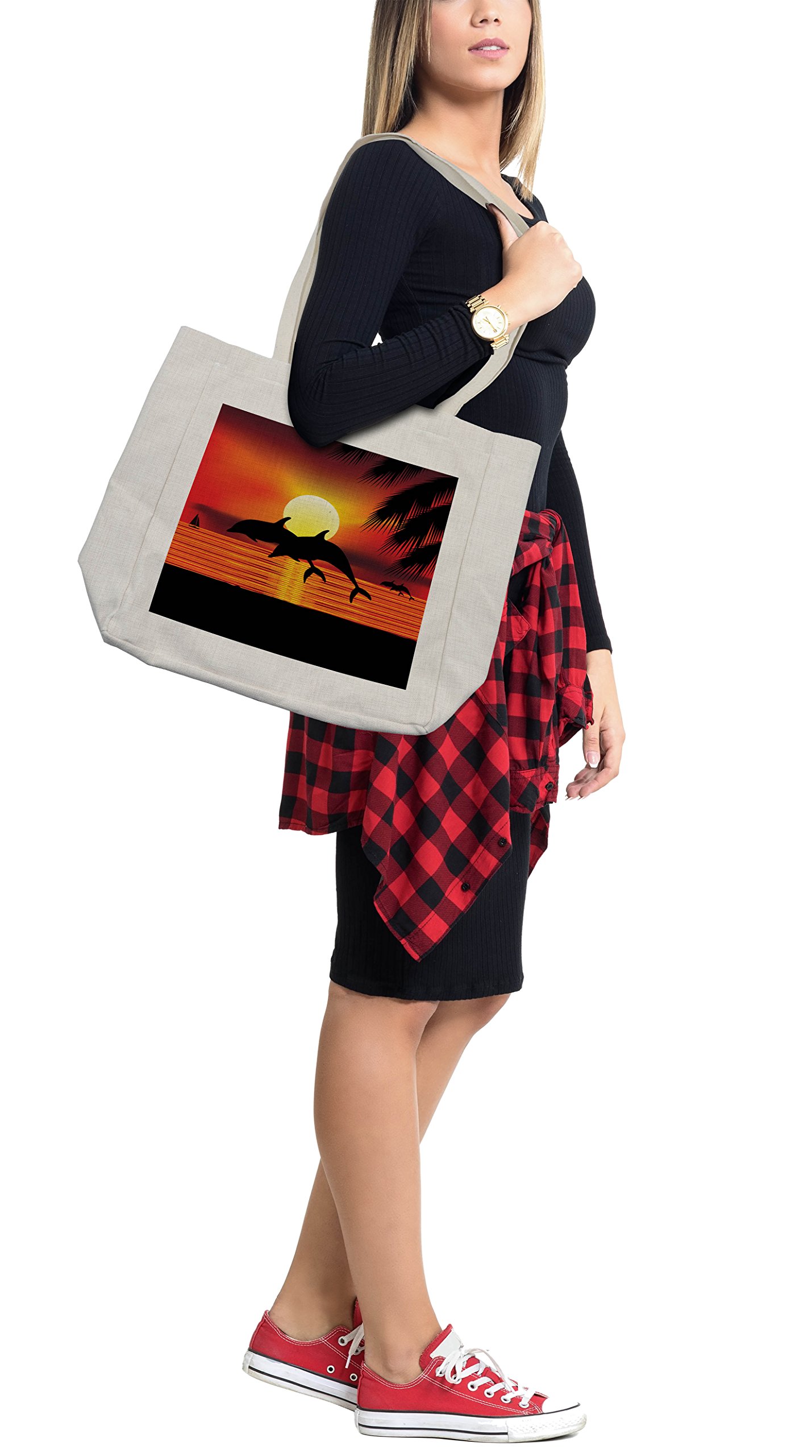 Eco-Friendly Reusable Whale Shopping Bag with Ocean Sunset Dolphins & Palm Leaves Design - 15.5