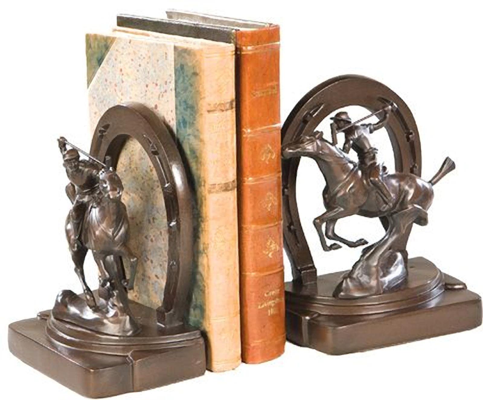 Hand-Cast Resin Bookends - Lodge Polo Player & Horseshoe Design - Perfect for Office, Library, and Home Decor