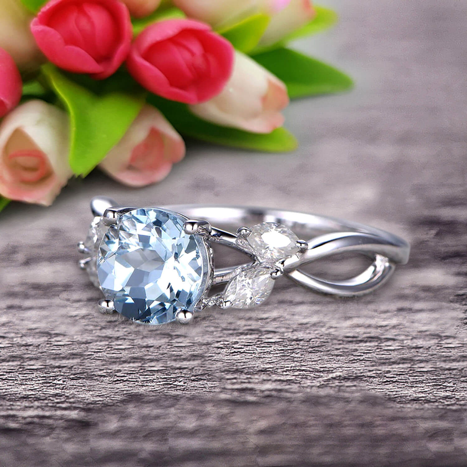 1.25 Carat Moissanite Flower Engagement Ring - 6mm Round Cut with 10k White Gold & Aquamarine Accents | Wedding, Proposal, Anniversary Jewelry Gift for Her