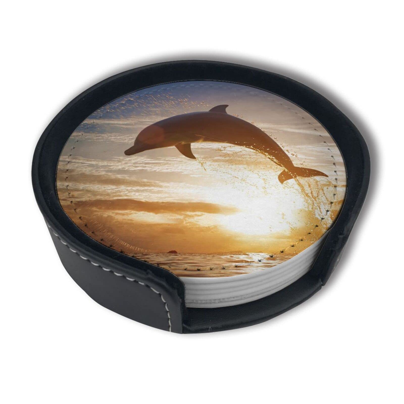 Premium Dolphin Sunrise Leather Coasters Set of 6 with Holder - Waterproof Drink Coasters for Coffee, Wine & Beer Cups - Perfect for Home, Office & Restaurant Use