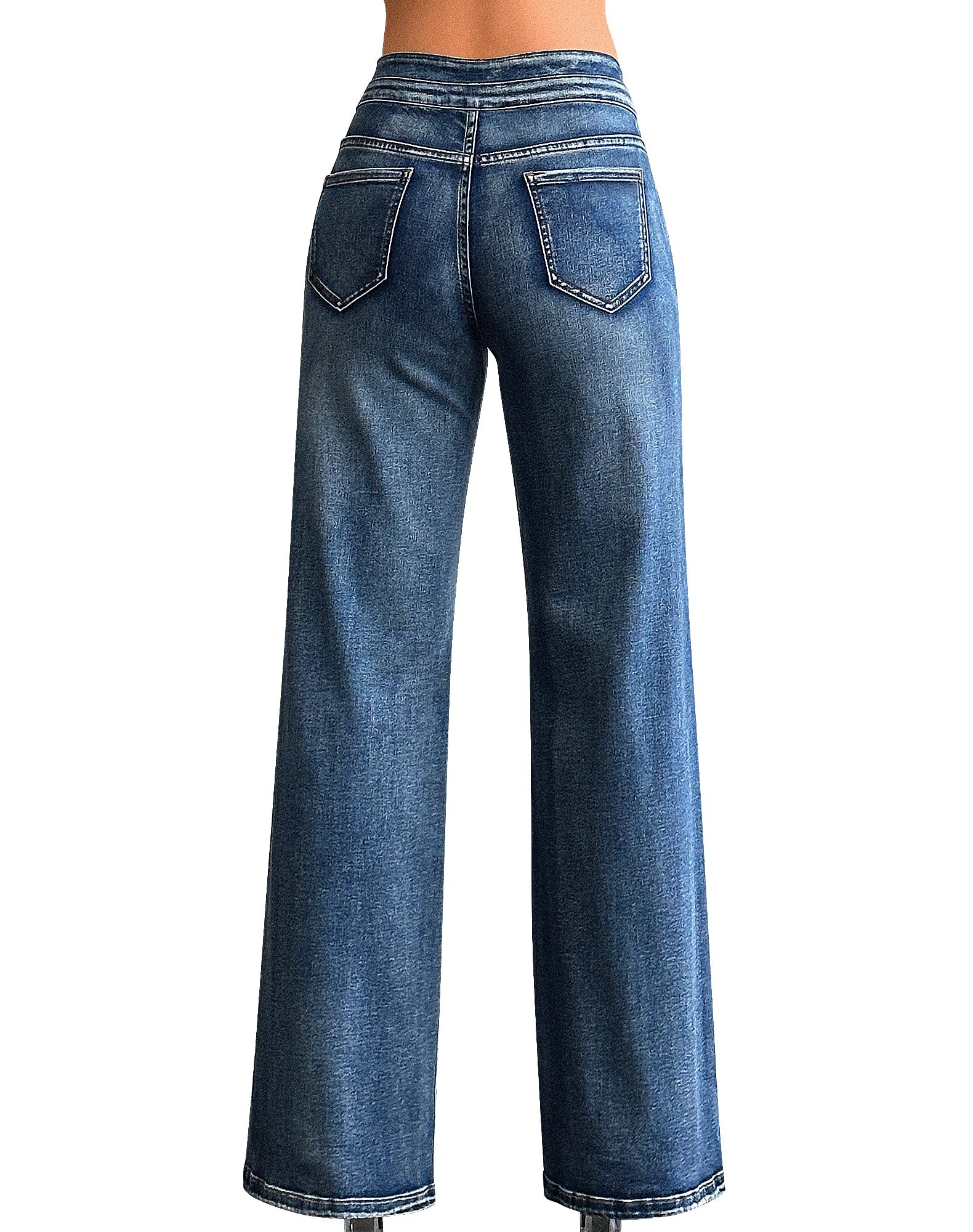Roswear Women's Distressed High Waisted Stretch Denim Jeans - Baggy Loose Wide Leg Casual Pants for Everyday Wear & Street Style Outfits