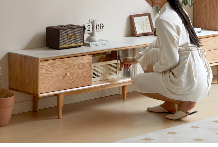 Solid Oak Wood Modern Storage Cabinet with Rock Plate - Stylish Home Organization for Living Room, Bedroom & Office