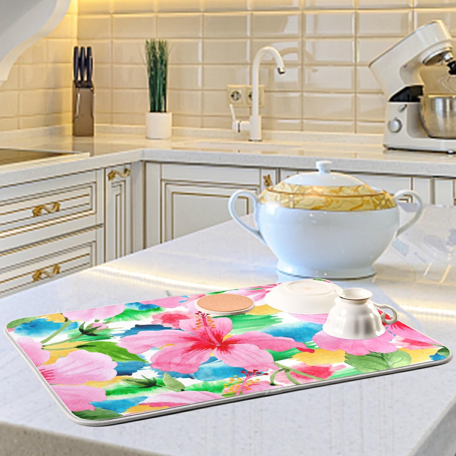 Floral Dish Drying Mat - 18x24 Inch Absorbent Microfiber Kitchen Counter Mat, Washable Dish Rack & Drainer Pad for Dishes, Cups & Utensils - Perfect for Countertop Drying After Washing