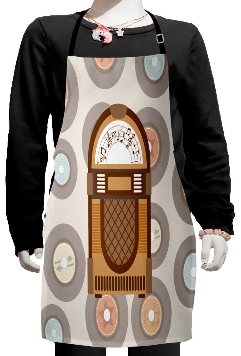 Ambesonne Vintage Jukebox Print Adjustable Apron - Retro Vinyl Record Design Baking Cooking Painting Apron for Adults - Perfect for Kitchen, BBQ, Art Studio & Crafting - Pale Coffee Brown Small Size