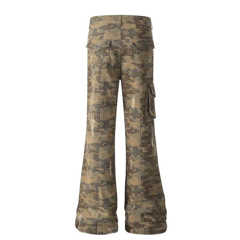 2025 Trendy Men's Camouflage Denim Cargo Pants - Multi-Pocket Wide Leg Distressed Jeans for Casual Wear | Outdoor Adventure & Street Style Fashion